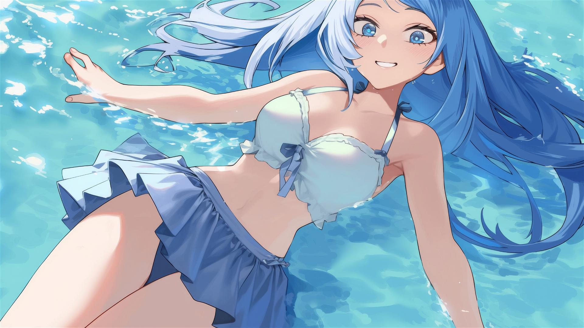 Nejire Hadou from My Hero Academia swimming in the pool under moonlight