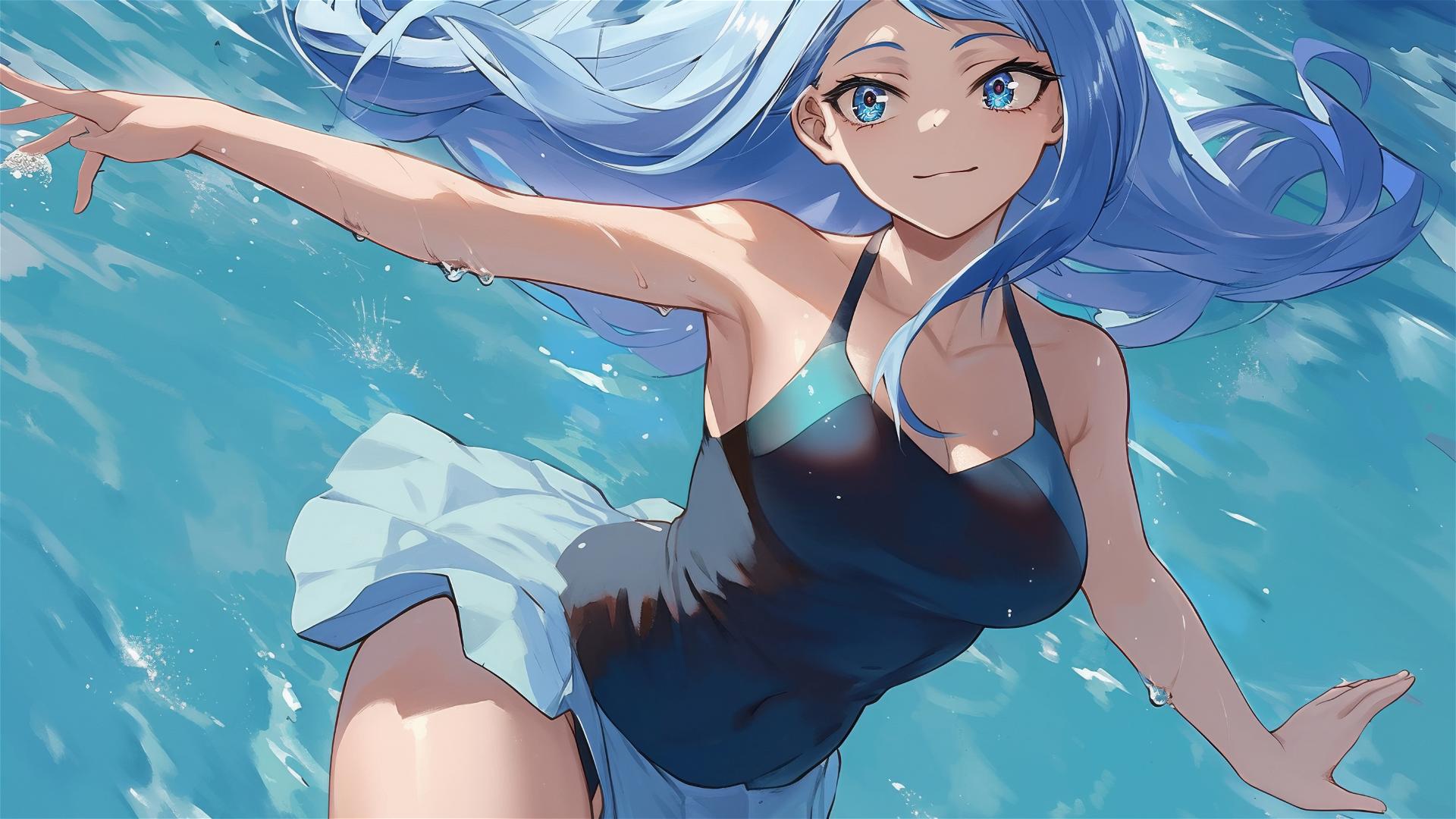 Nejire Hadou from My Hero Academia swimming in a moonlit pool