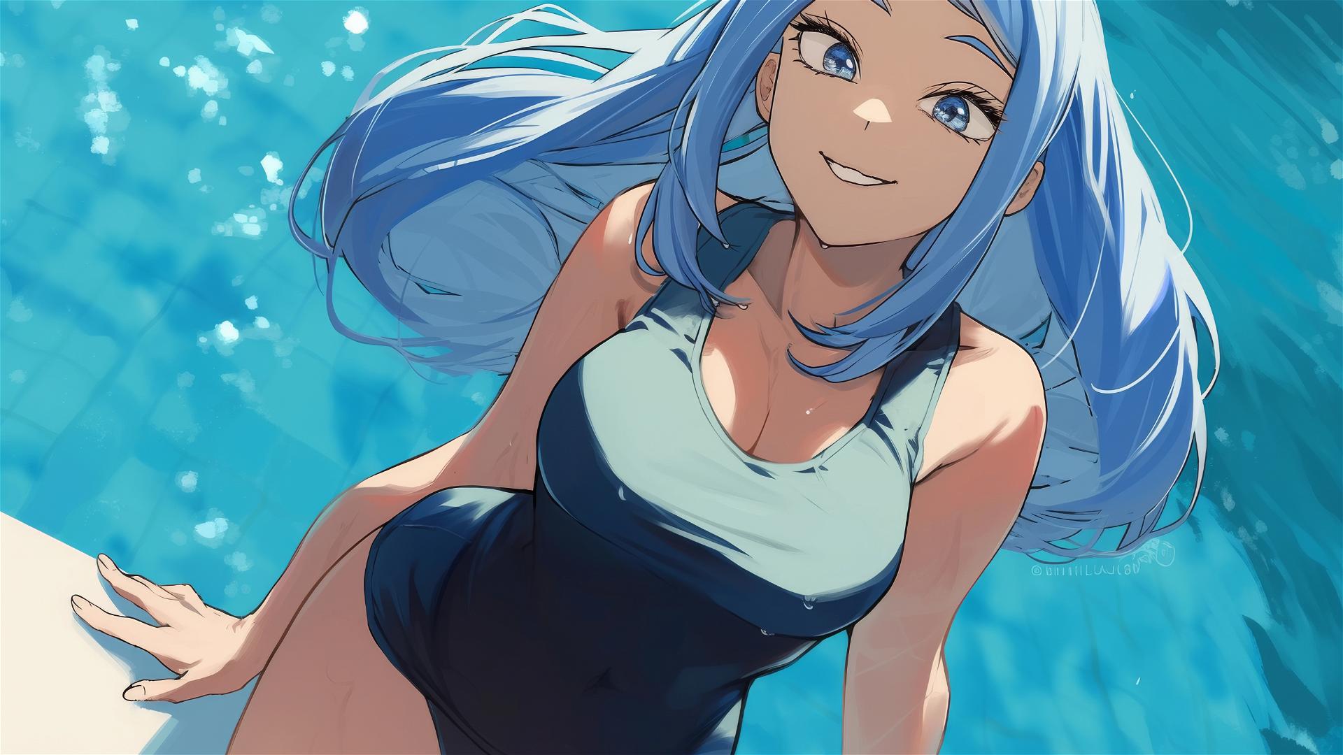 Nejire Hadou from My Hero Academia in pool under moonlight, blue eyes