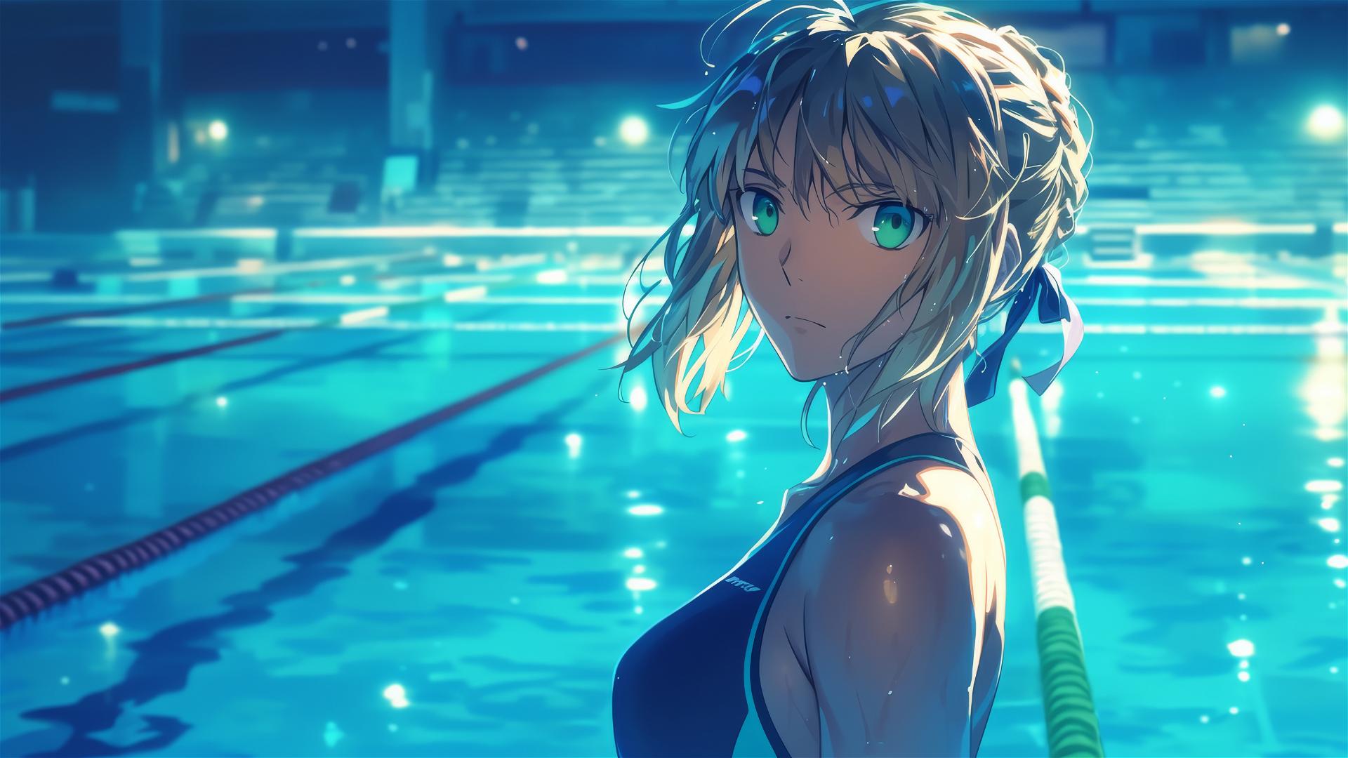Saber from Fate/Zero standing in a pool under moonlight