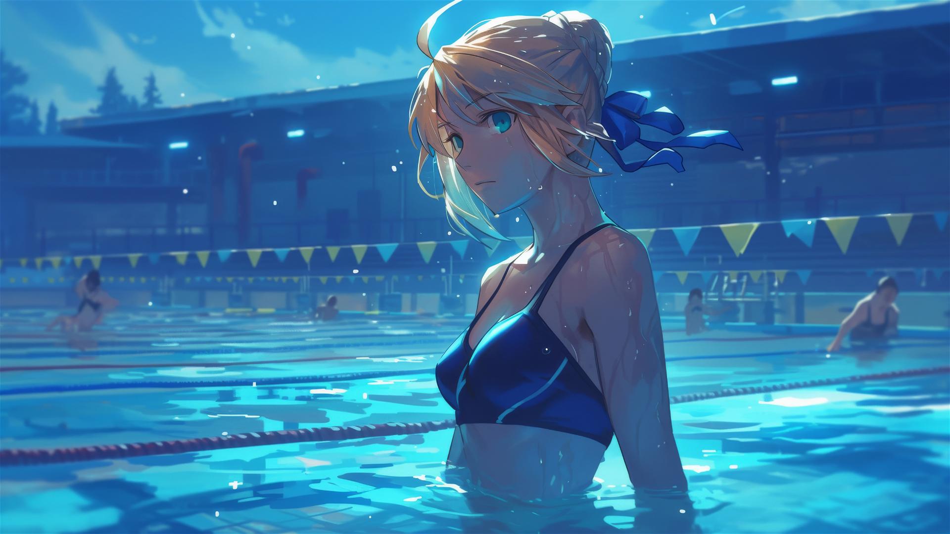 Saber from Fate/Zero standing in a pool under moonlight