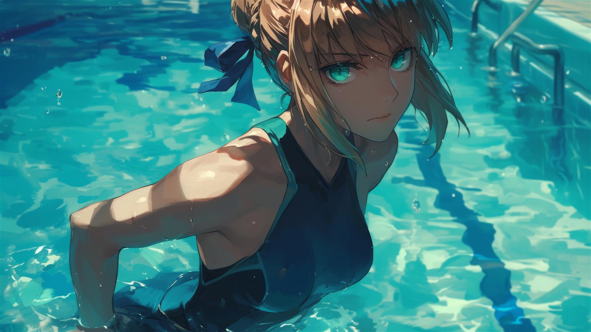 Saber from Fate/Zero standing in swimming pool under moonlight