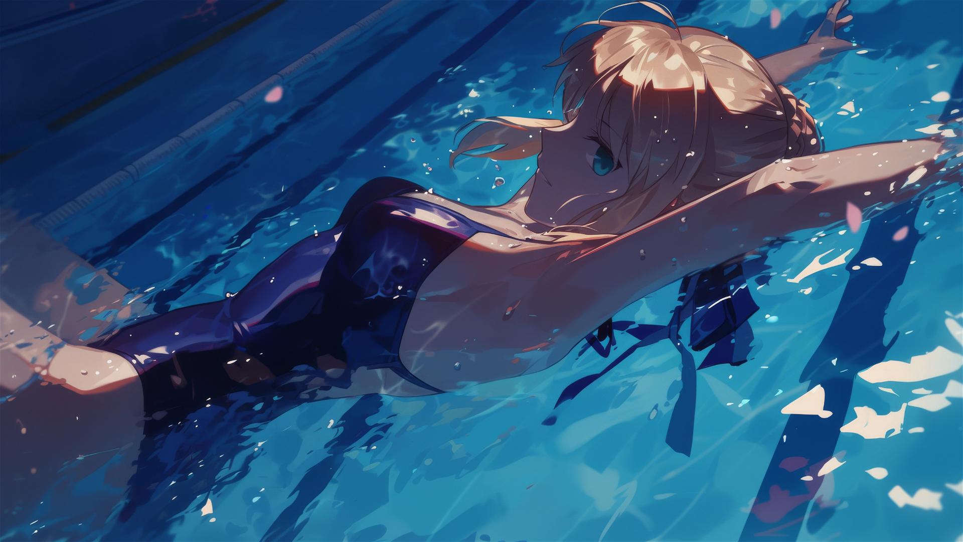 Saber from Fate/Zero swimming in a moonlit pool