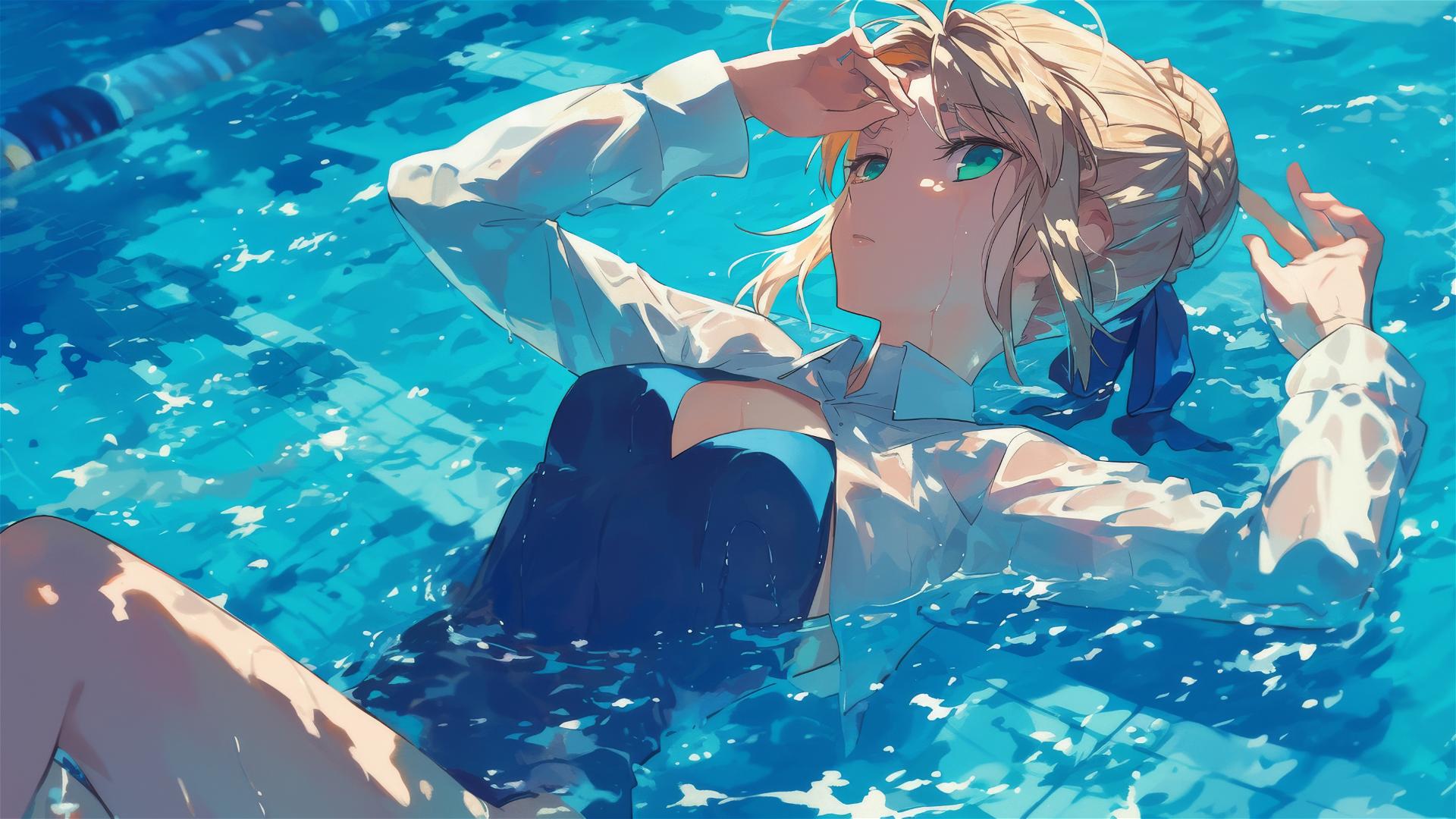 Saber from Fate/Zero swimming under moonlight