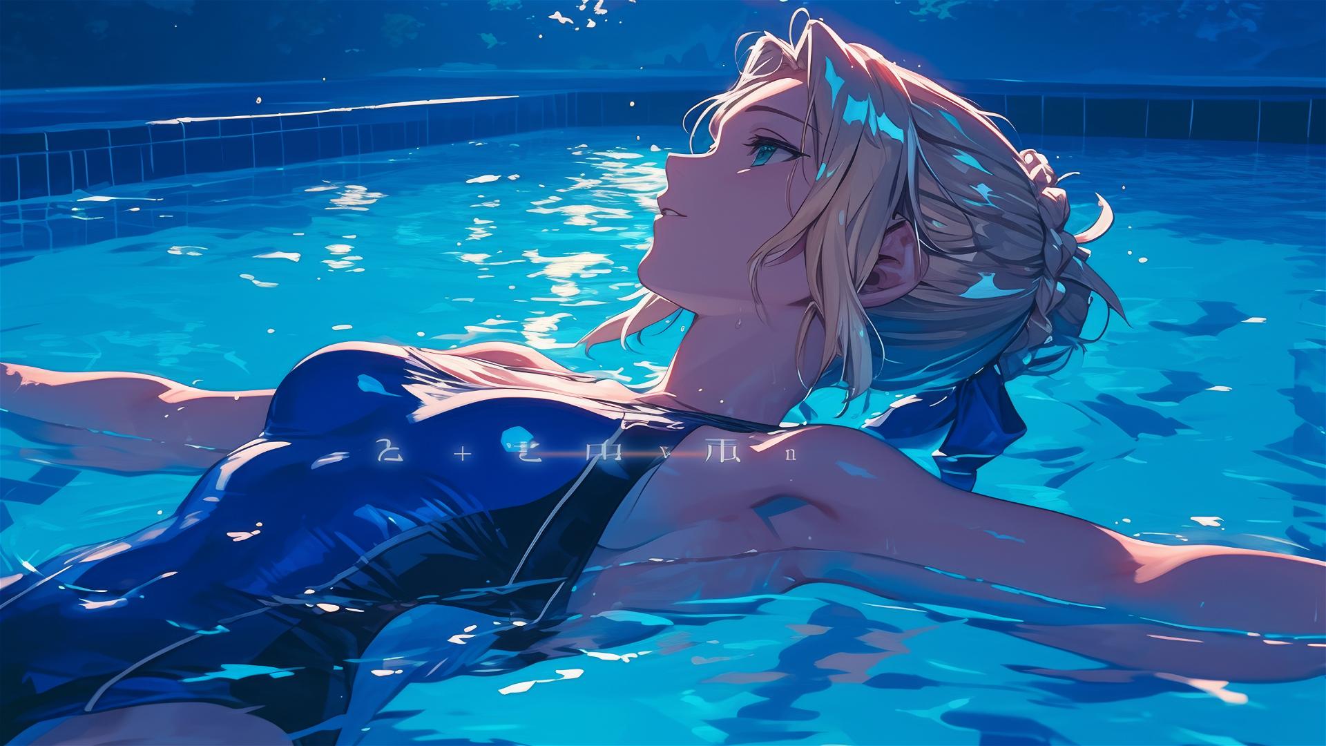 Saber from Fate/Zero swimming in a pool under moonlight