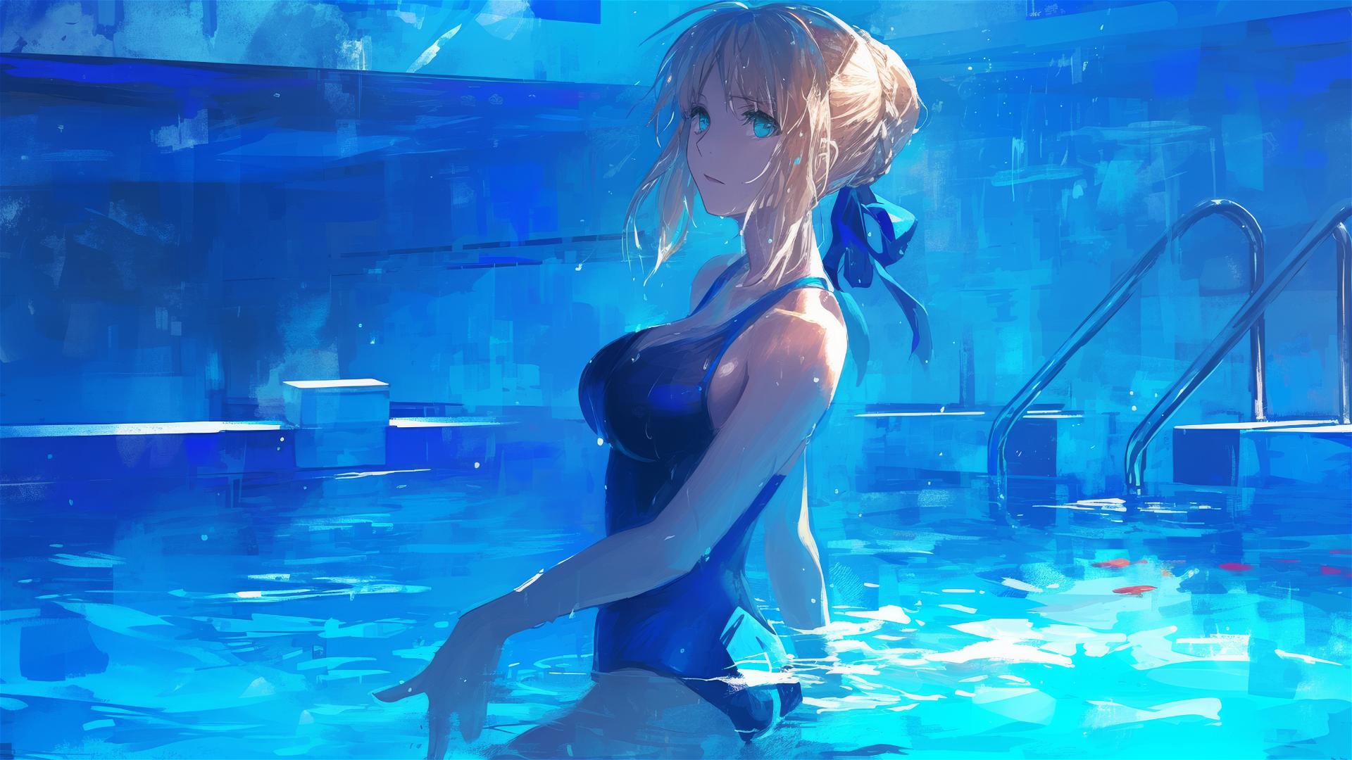 Saber from Fate/Zero standing in a pool under moonlight