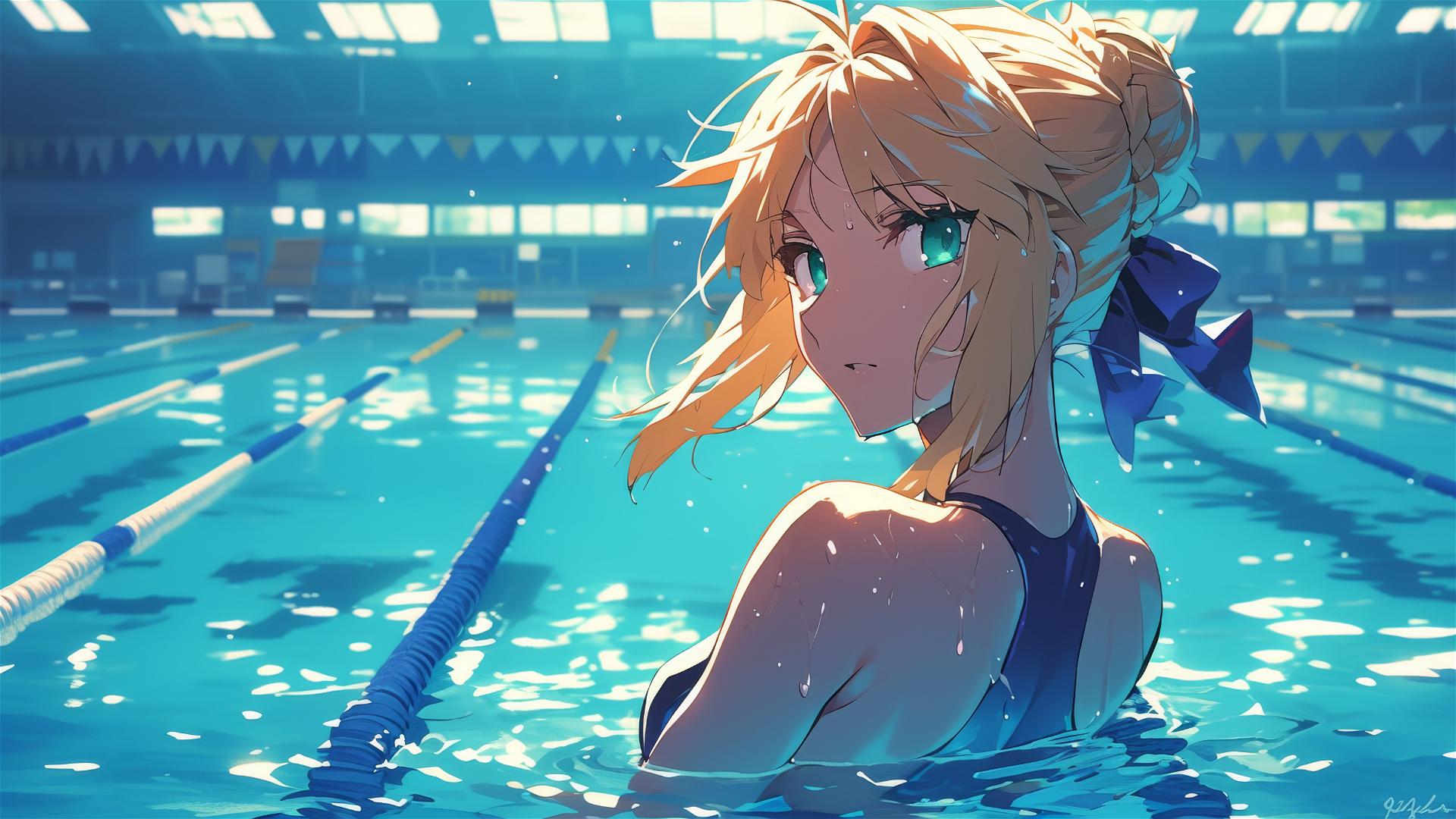 Saber from Fate/Zero standing in a pool under moonlight
