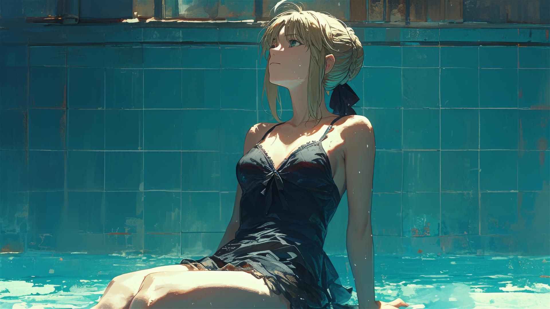 Saber resting by the pool under moonlight