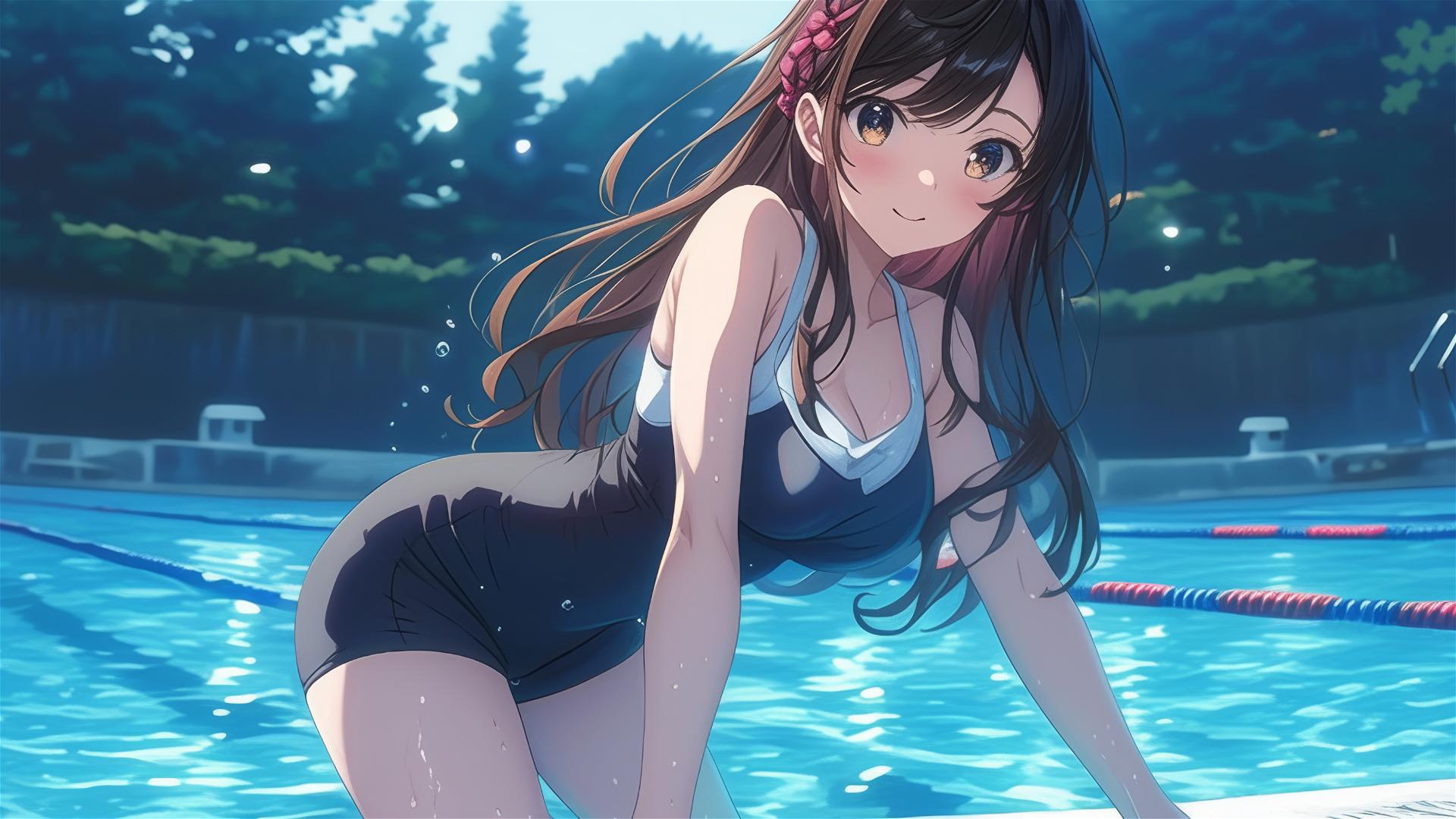 Mizuhara Chizuru leisurely swimming in moonlit pool with soft glow on her figure, brown hair with bangs, light brown eyes.