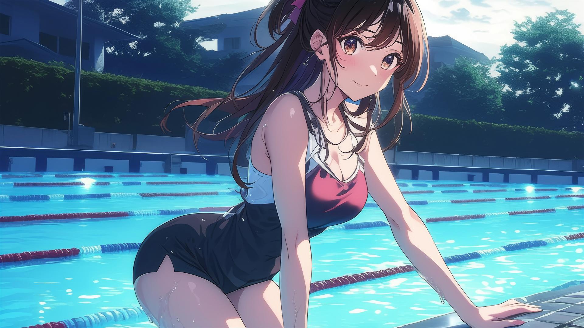 Mizuhara Chizuru from To Rent A Girlfriend swimming in moonlit pool