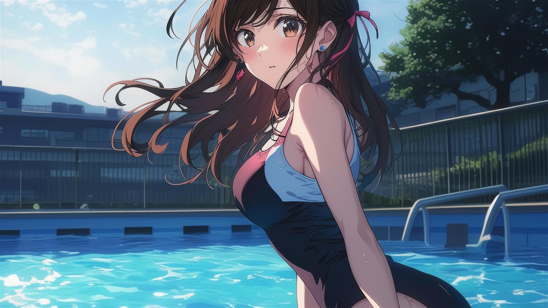 Mizuhara Chizuru swimming in moonlit pool with brown hair and light brown eyes