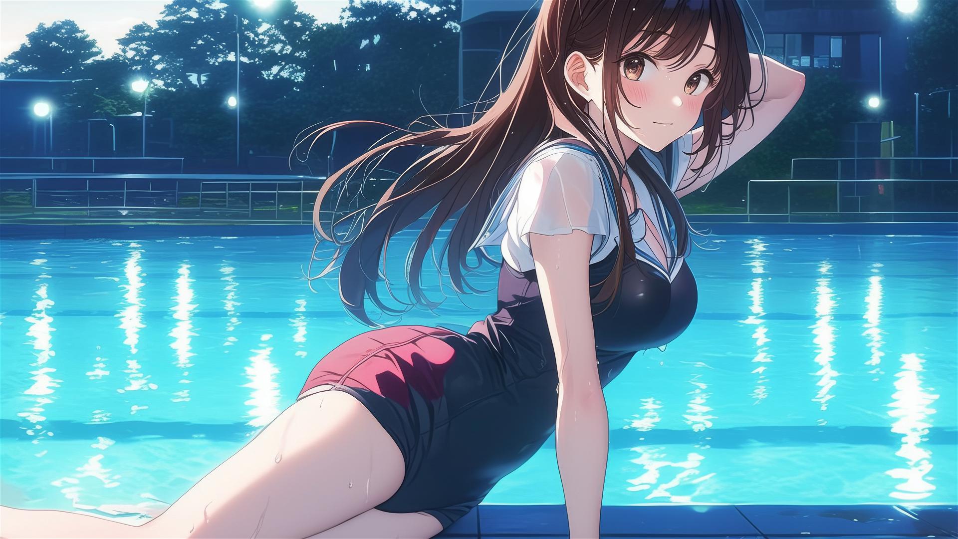 Mizuhara Chizuru from To Rent A Girlfriend swimming in moonlit pool