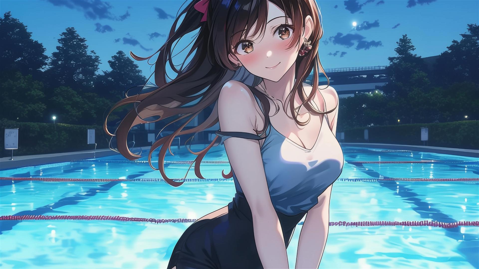 Mizuhara Chizuru in pool under moonlight, brown hair, light brown eyes