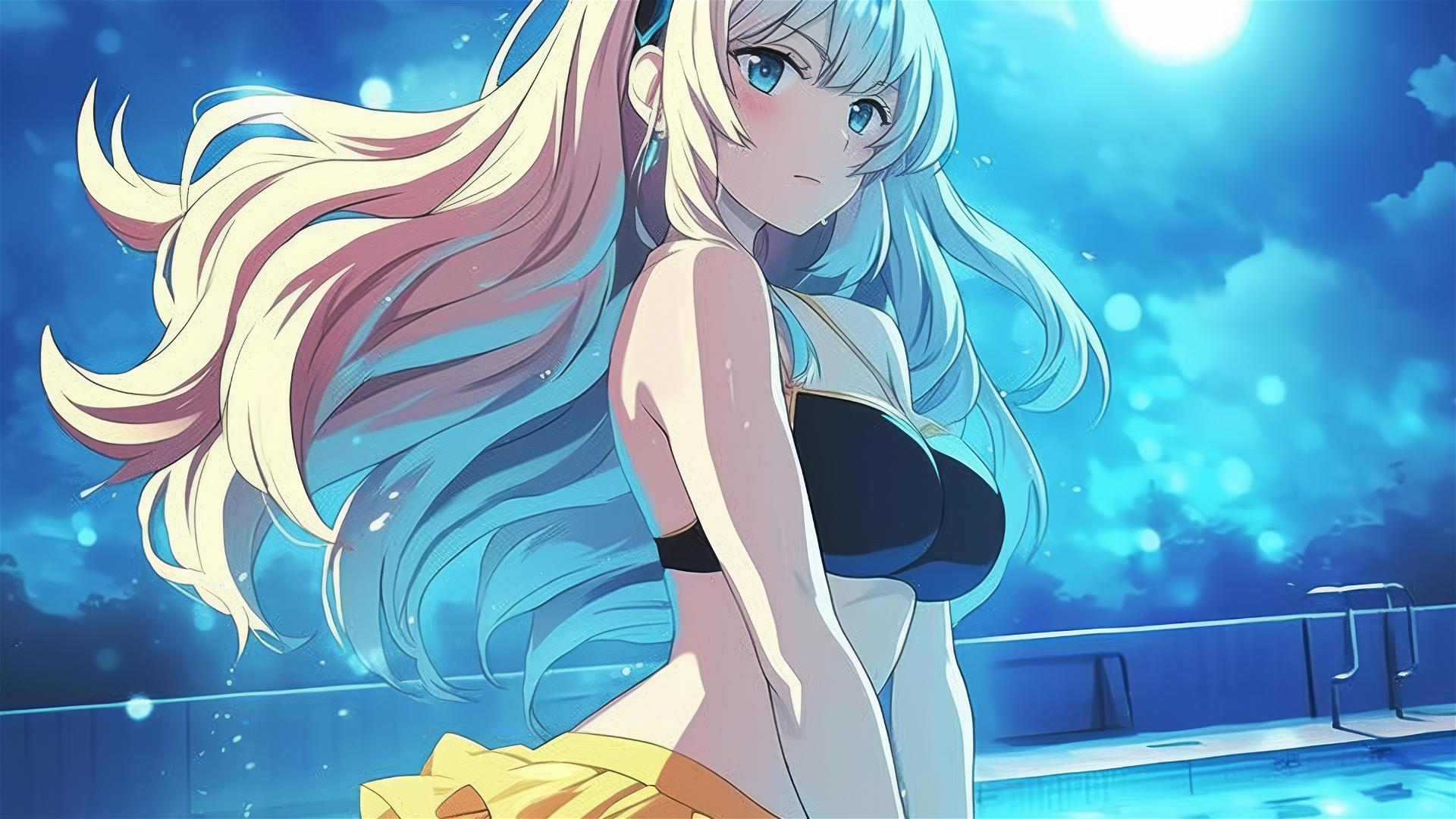 Celistia Ralgris from Undefeated Bahamut Chronicle standing in a pool under moonlight