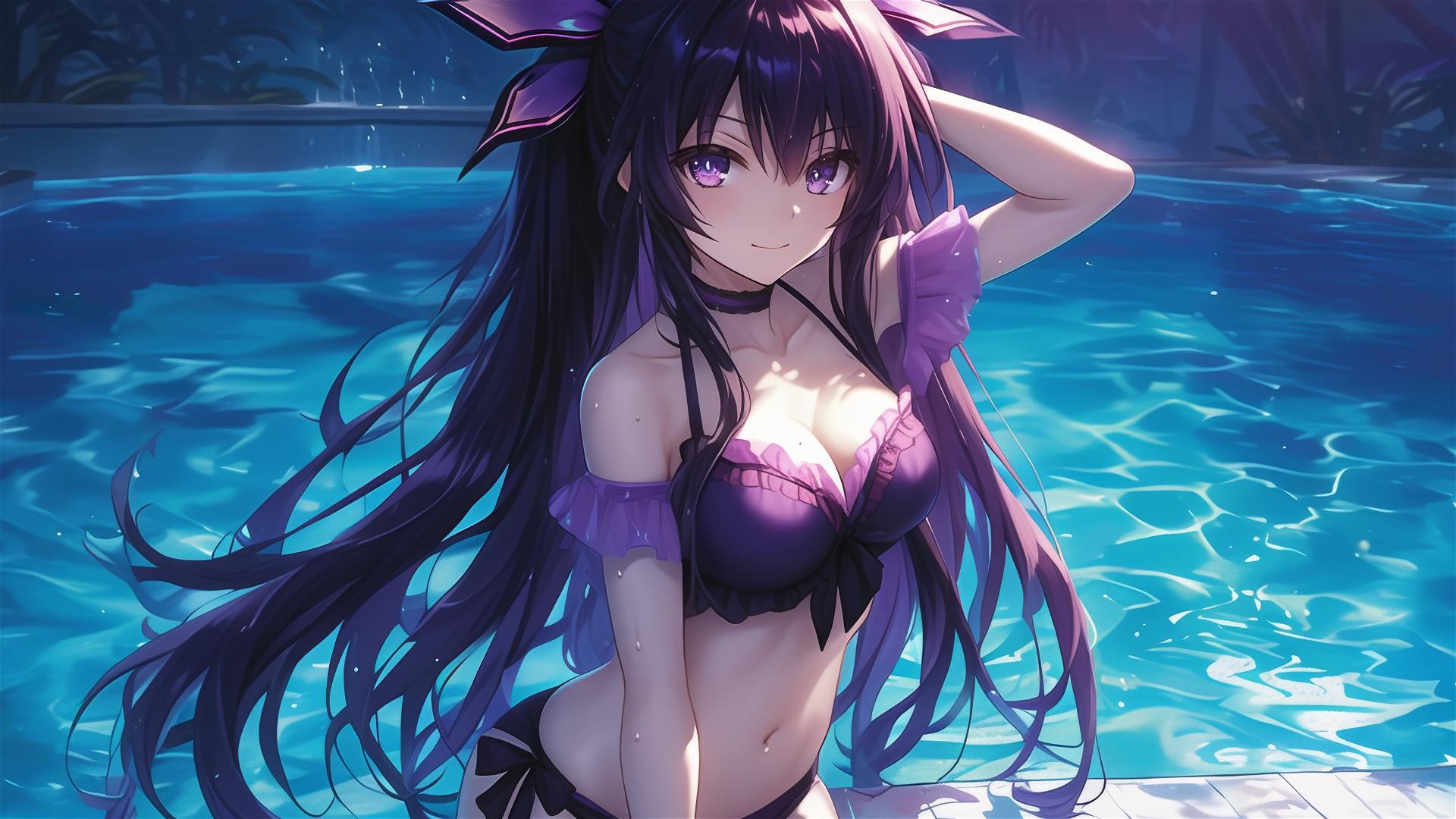 Tohka Yatogami from Date A Live standing in a pool under moonlight with dark-purple hair and eyes