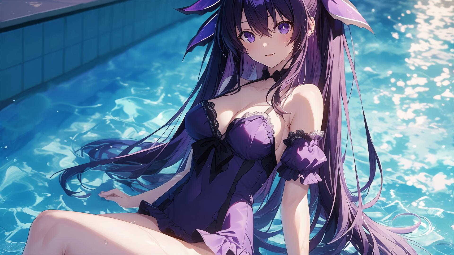 Tohka Yatogami in pool under moonlight, dark-purple hair and eyes