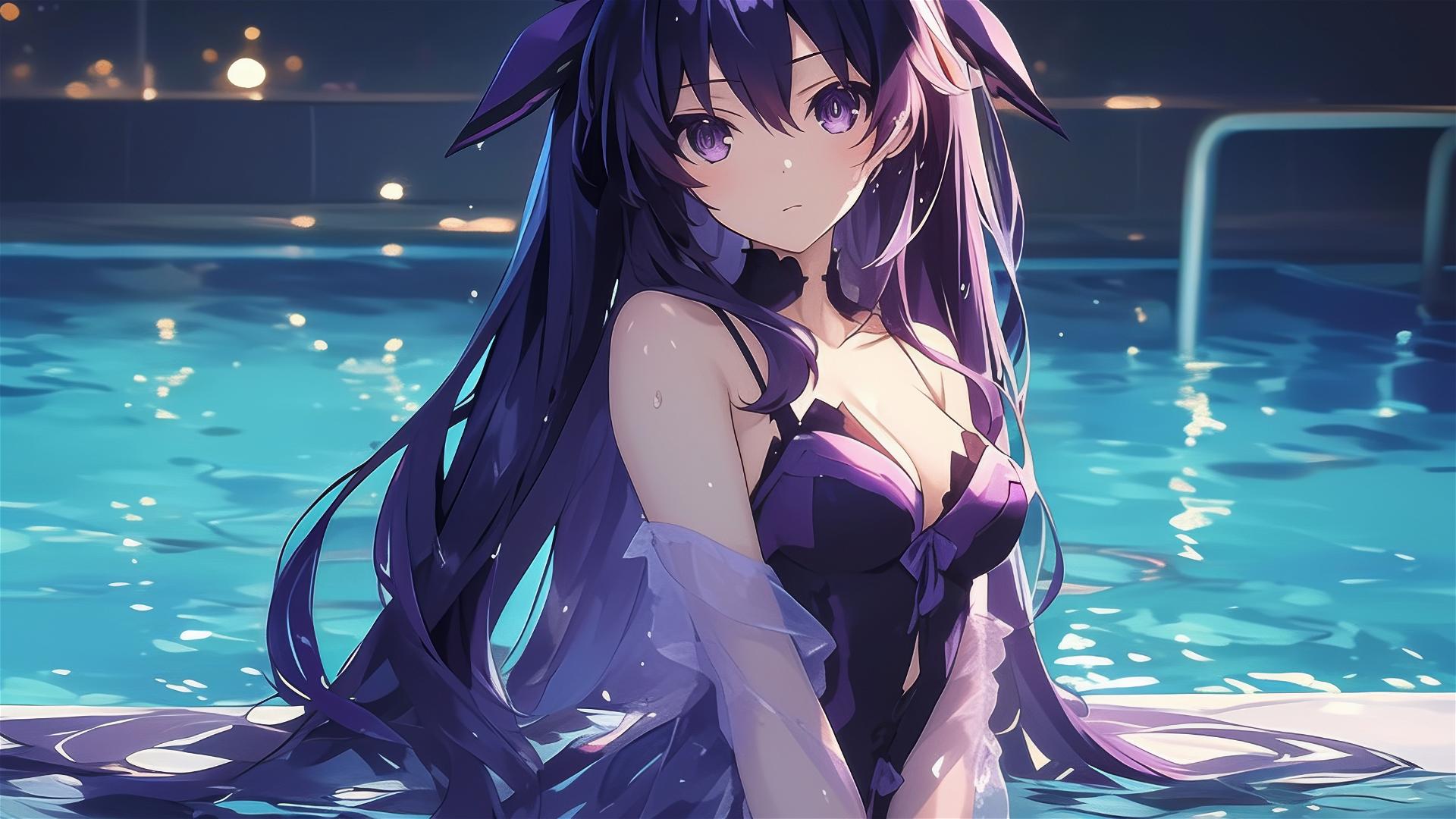 Tohka Yatogami from Date A Live in a pool under moonlight with purple hair and eyes.