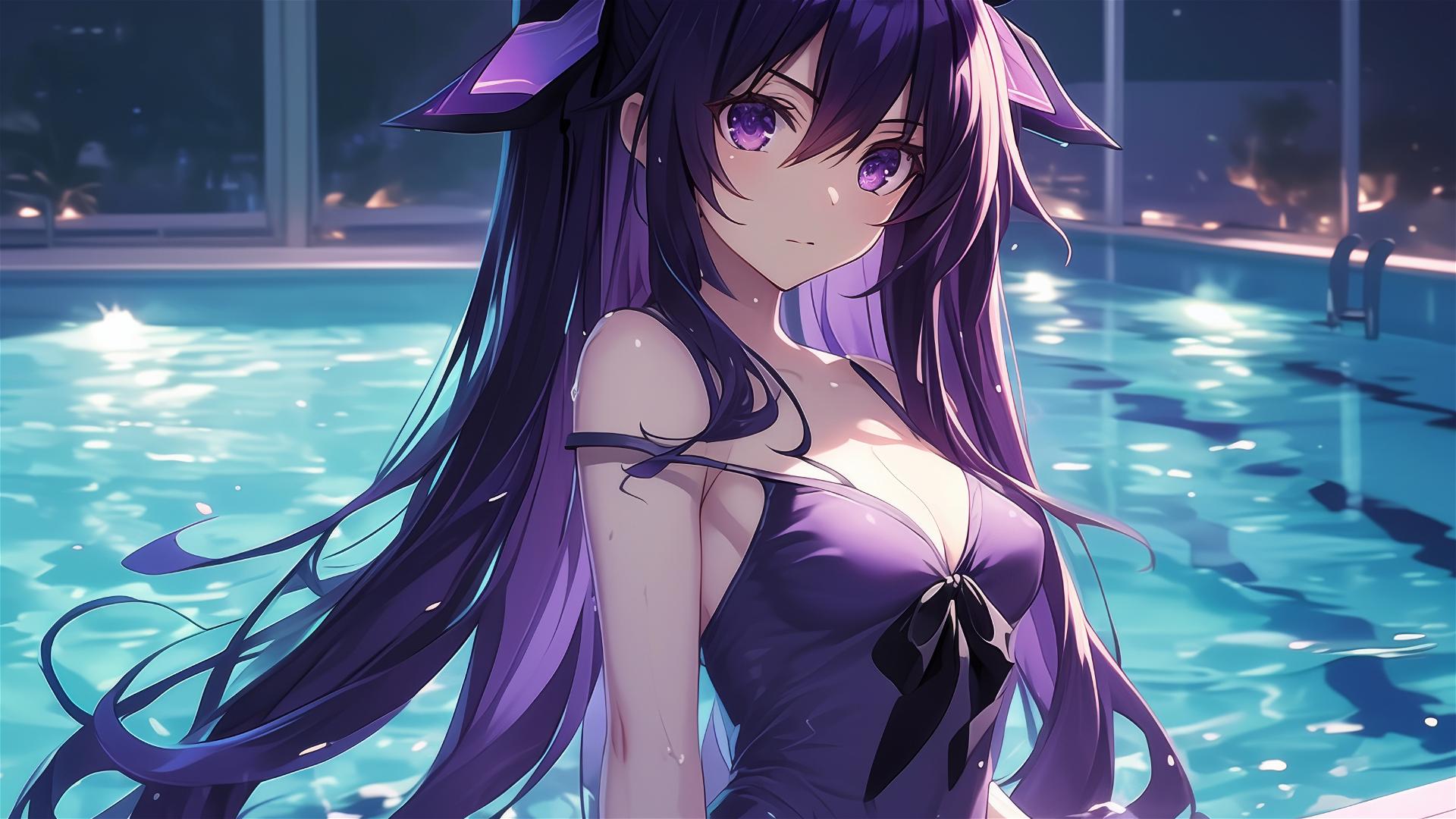 Tohka Yatogami from Date A Live standing in a pool under the moonlight, beautiful with dark-purple hair and eyes.