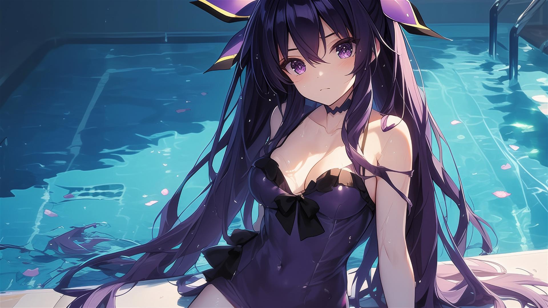 Tohka Yatogami from Date A Live standing in a pool under moonlight