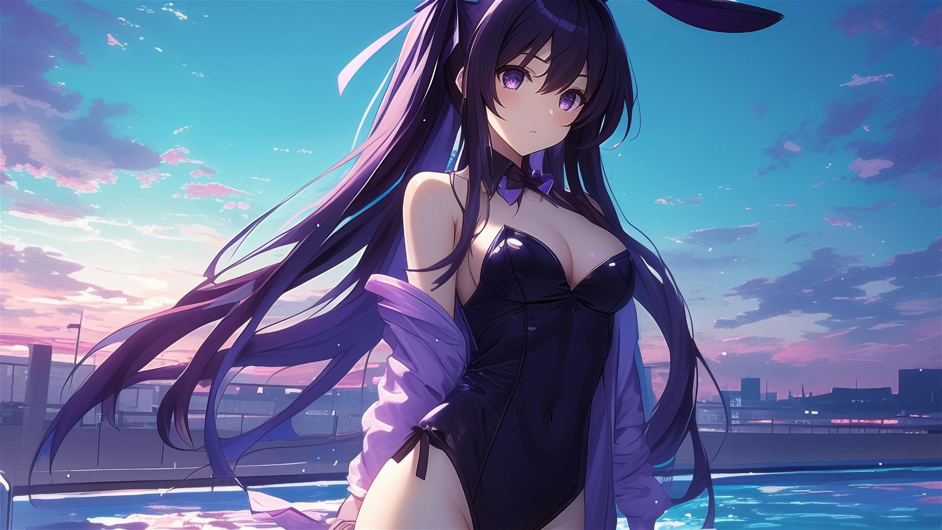 Tohka Yatogami in pool under moonlight, bunny girl style