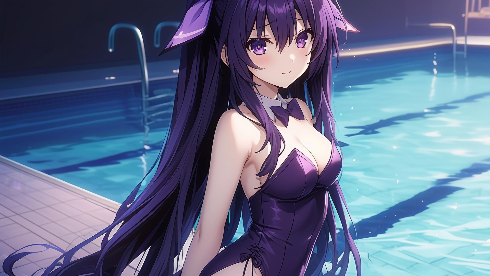 Tohka Yatogami in a pool at moonlight, bunny girl style, with dark purple accents