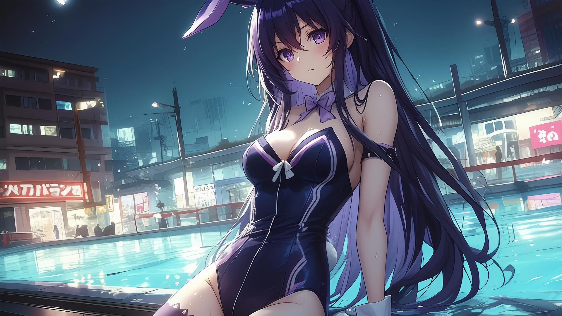 Tohka Yatogami standing in a pool under moonlight, dark-purple hair, bunny girl outfit