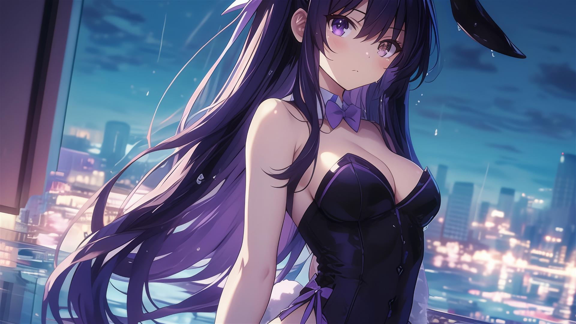 Tohka Yatogami from Date A Live in pool under moonlight, bunny girl style