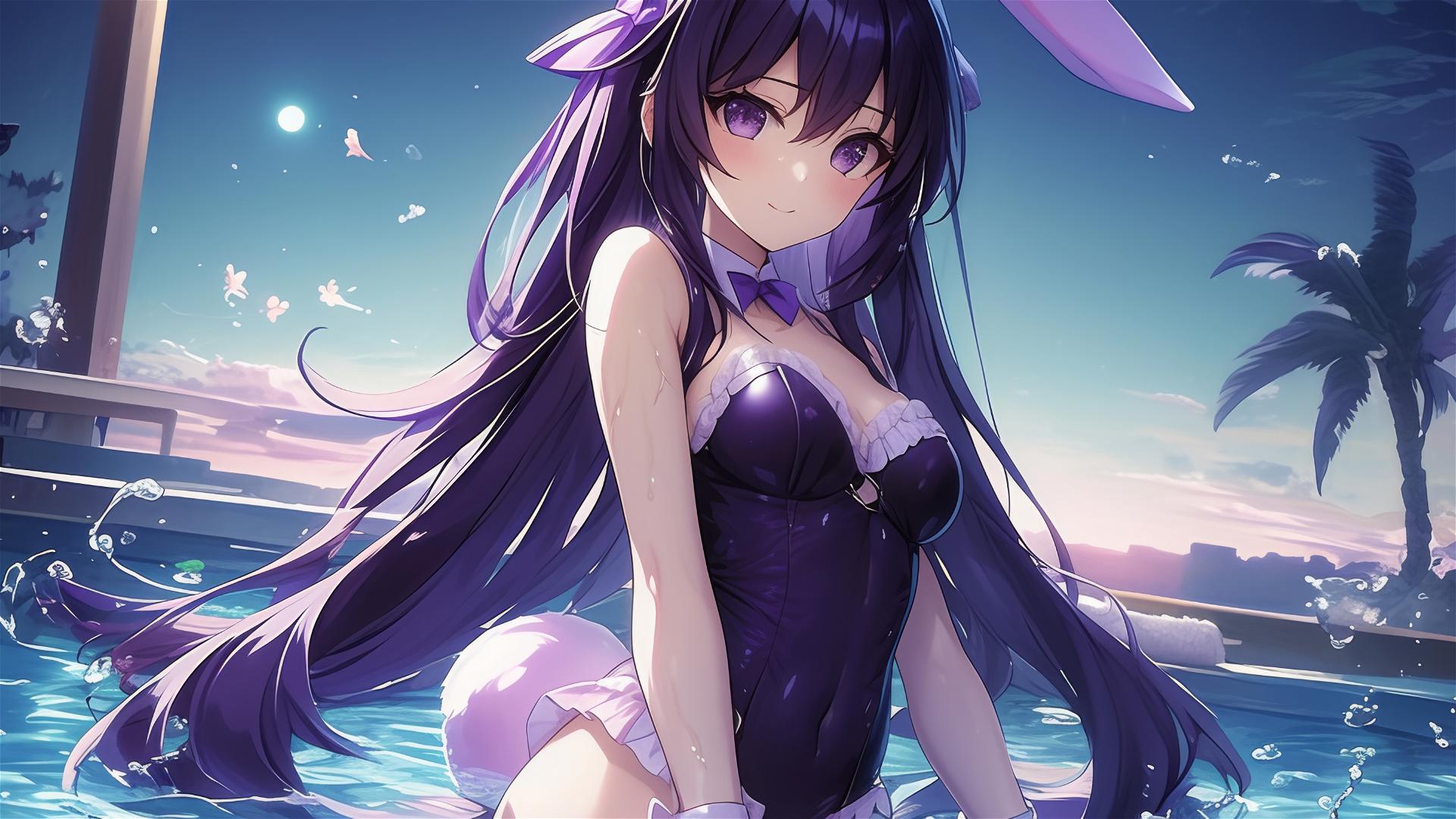 Tohka Yatogami anime character in a pool with moonlit glow, bunny girl outfit, purple hair, and eyes