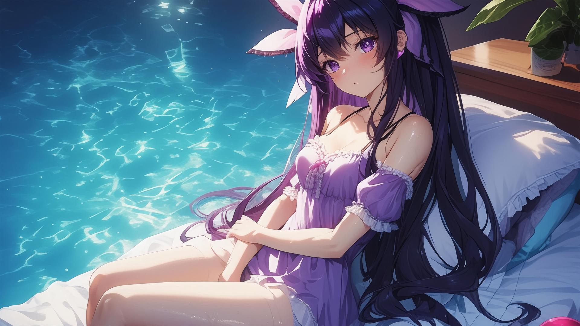 Tohka Yatogami swimming in moonlit pool with dark-purple hair and eyes