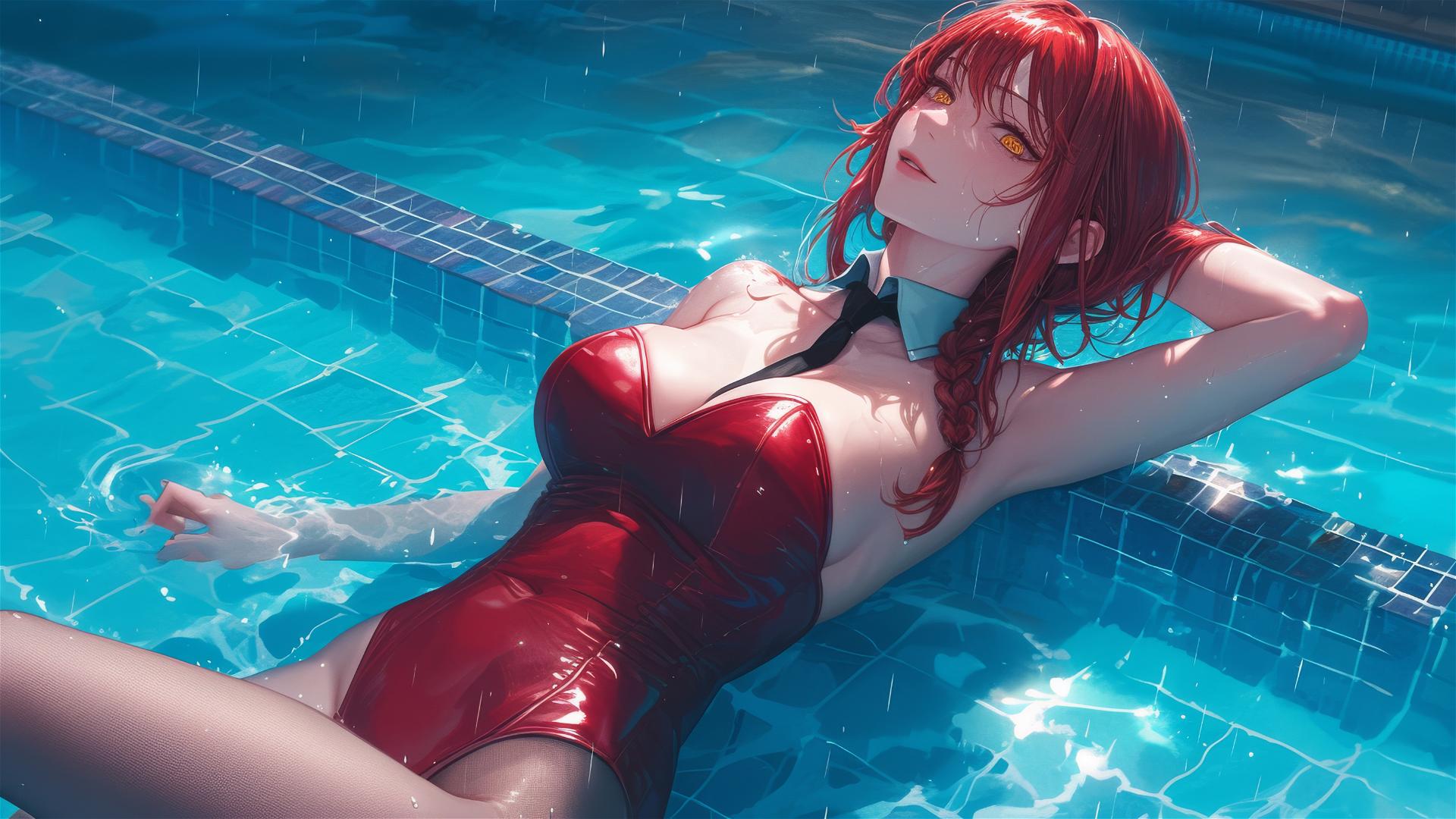 Makima from Chainsaw Man swimming, moonlight on red hair, rainy, bunny girl style