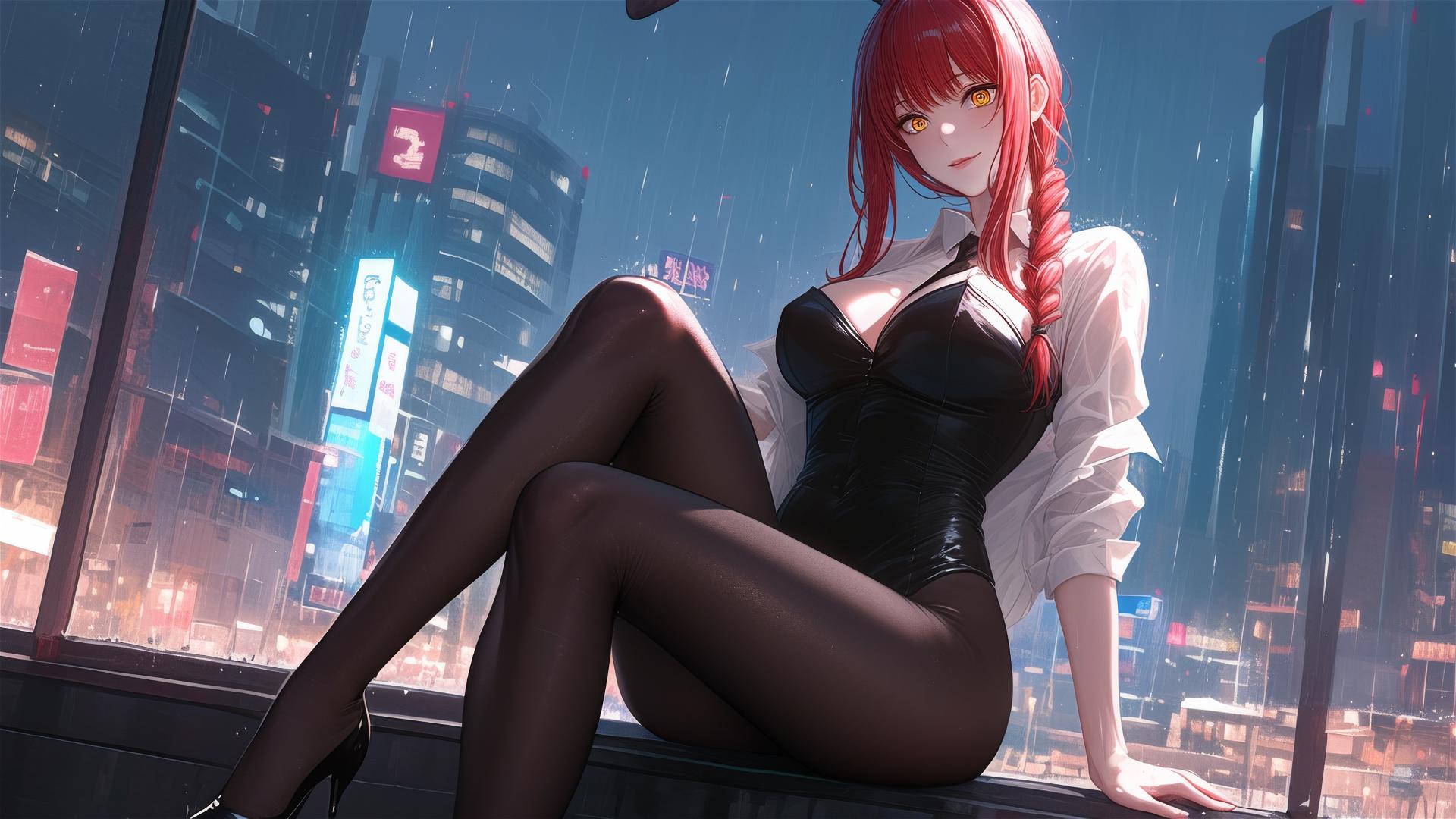Makima in bunny girl outfit on a rooftop in the rain under moonlight
