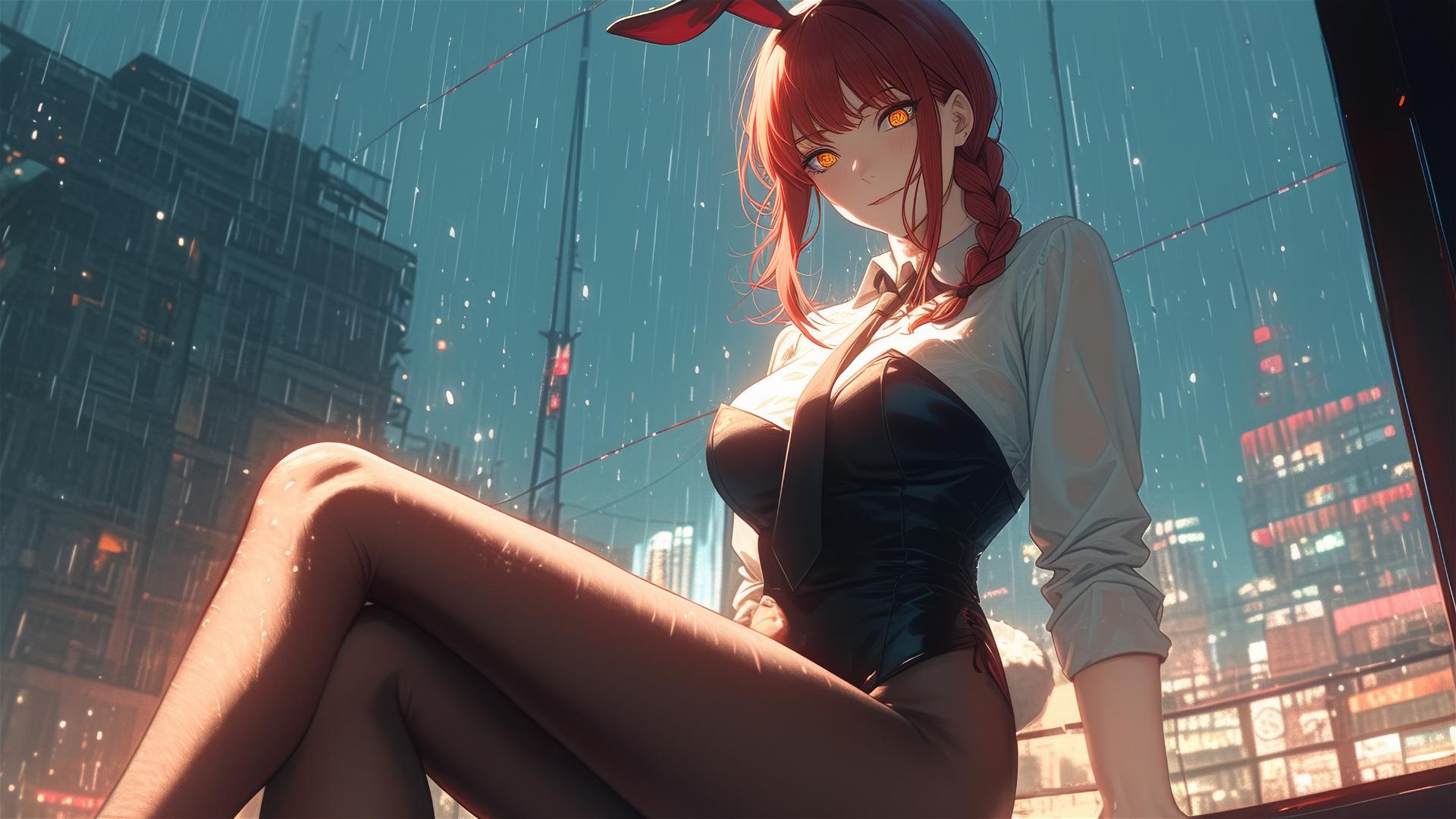 Makima from Chainsaw Man on rooftop in rain, moonlit red hair and heels, bunny girl style