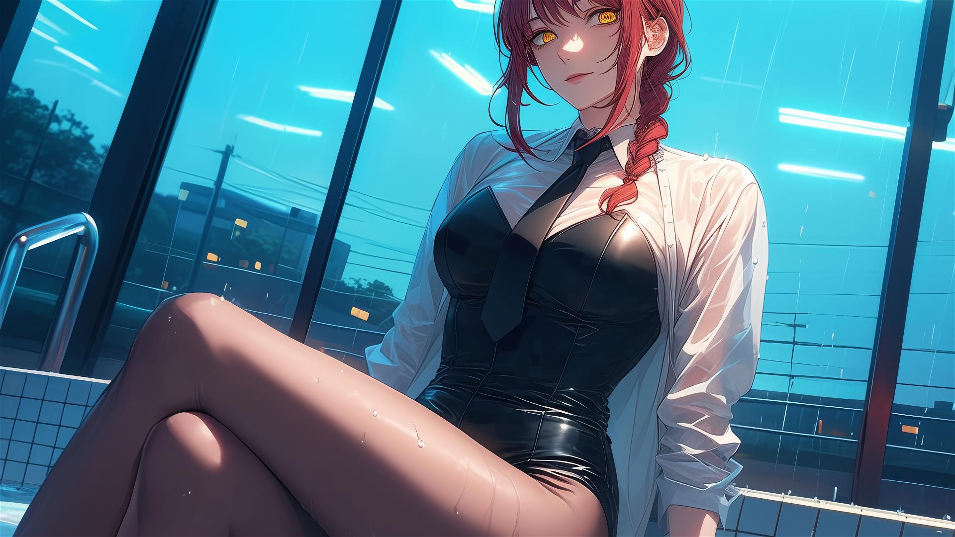 Makima from Chainsaw Man resting by pool, moonlit rain, red hair and heels, bunny style