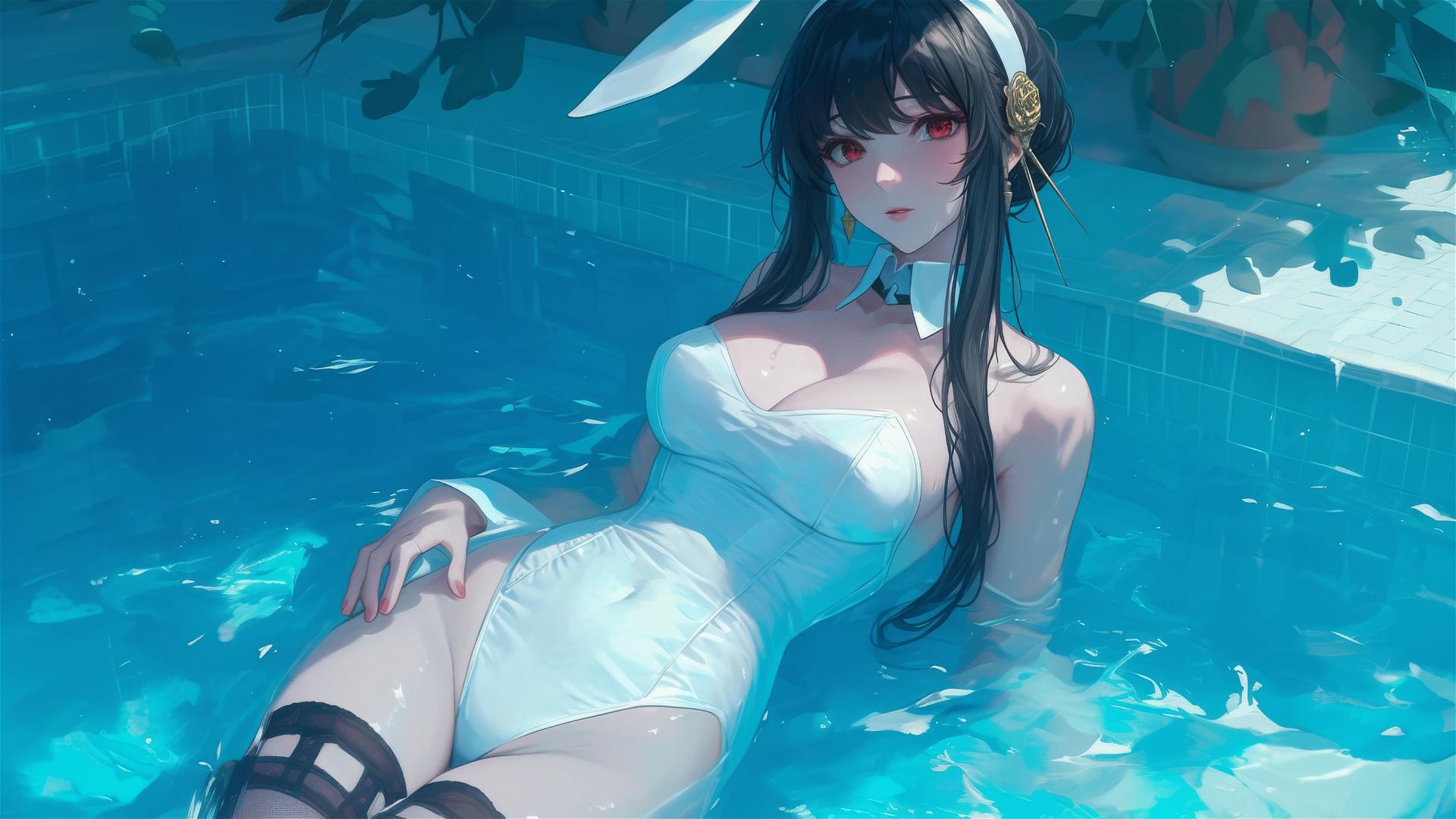 Yor Forger from Spy x Family in bunnygirl outfit standing in pool under moonlight