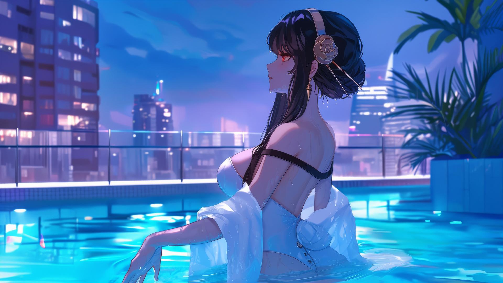 Yor Forger as a bunny girl in white, standing in a pool under moonlight on a rainy day.