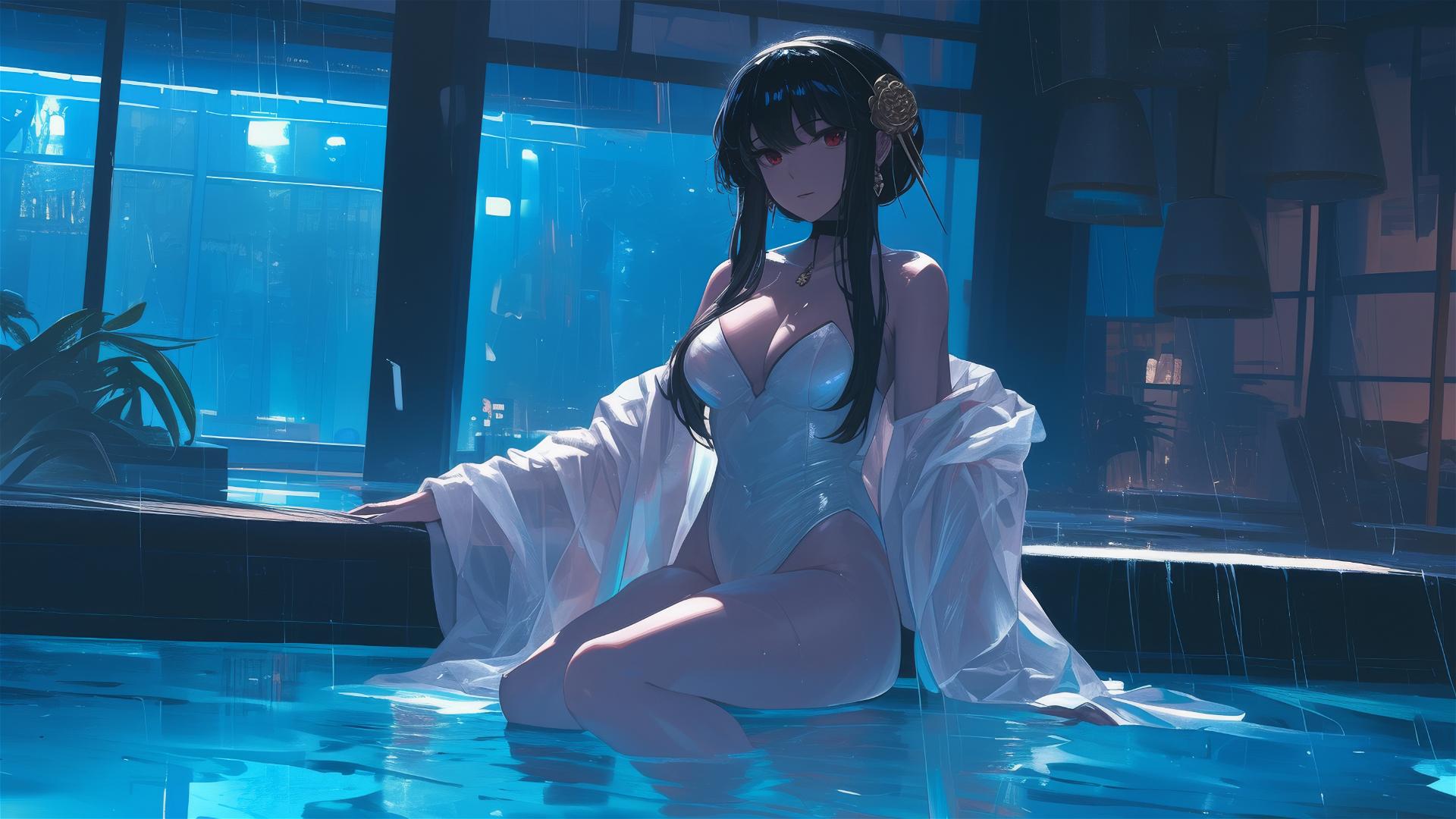 Yor Forger from Spy x Family in bunny outfit in a moonlit pool on a rainy day