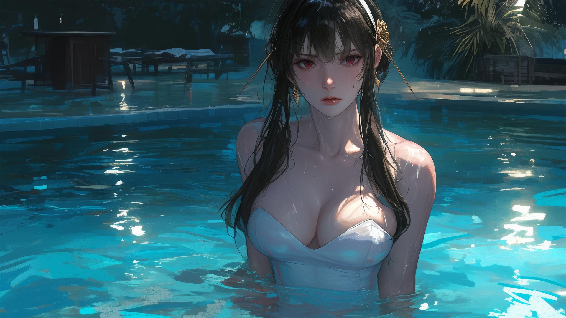 Yor Forger in white bunny girl attire standing in a pool under moonlight on a rainy day
