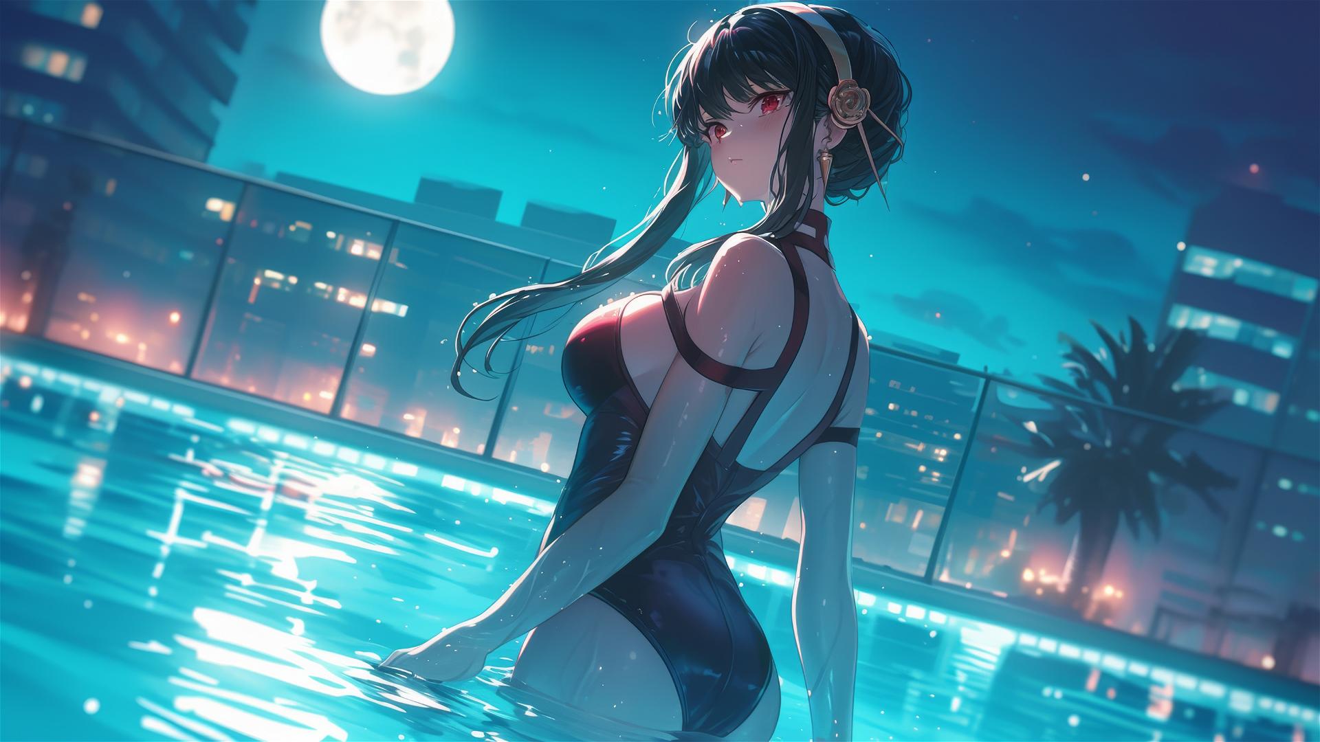 Yor Forger in a pool, moonlit, bunny girl style