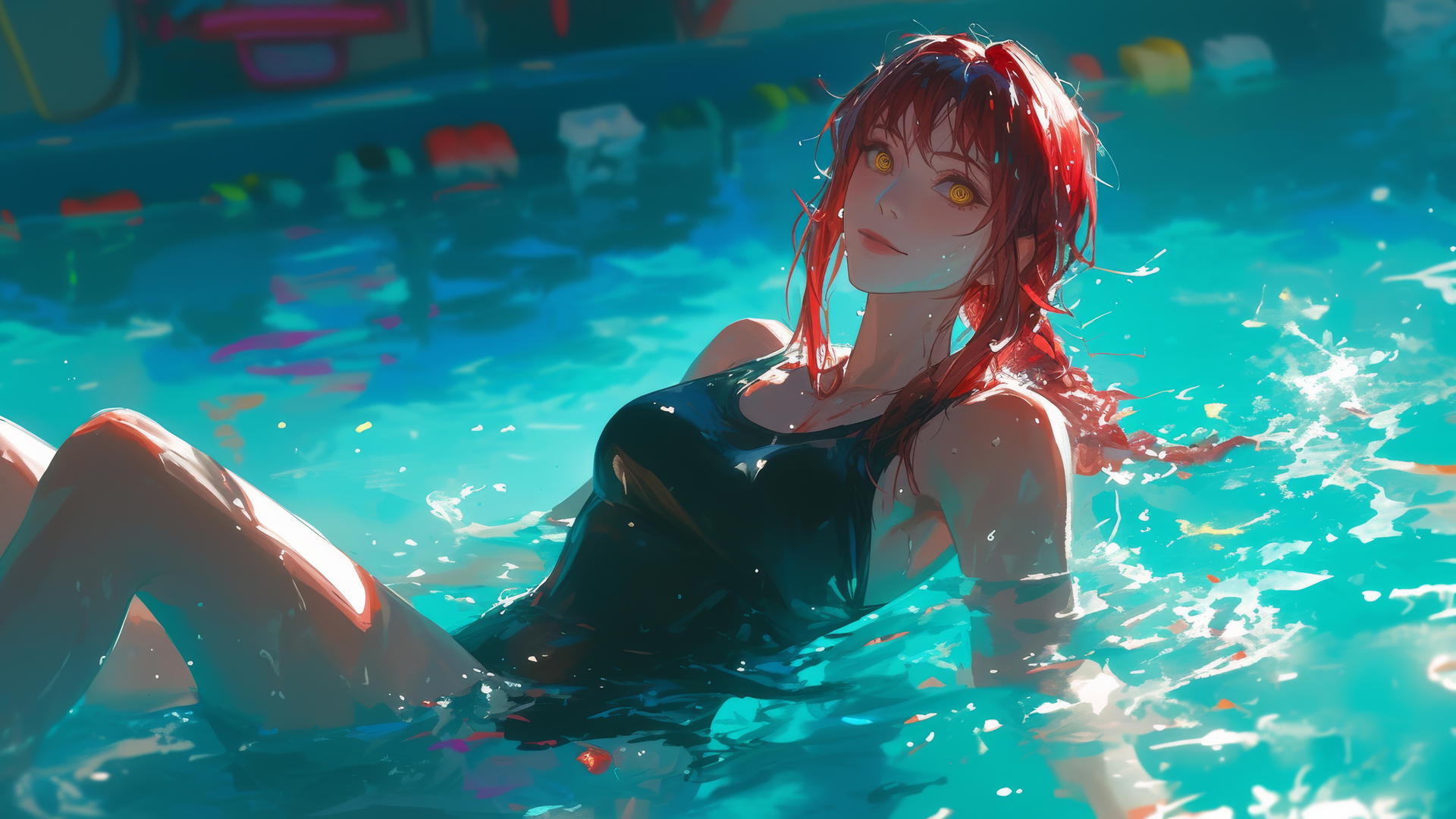 Makima from Chainsaw Man stands in a pool under moonlight, red hair aglow