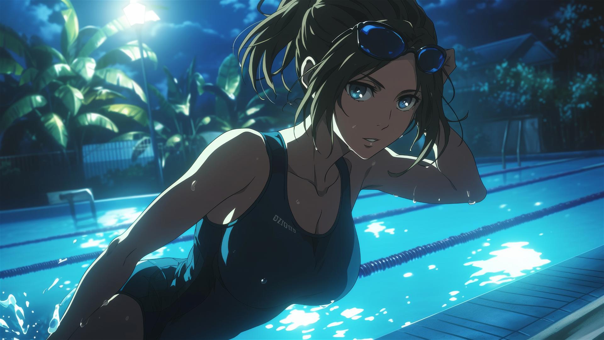 Sasha Blouse swimming in moonlit pool with light brown eyes and reddish brown hair