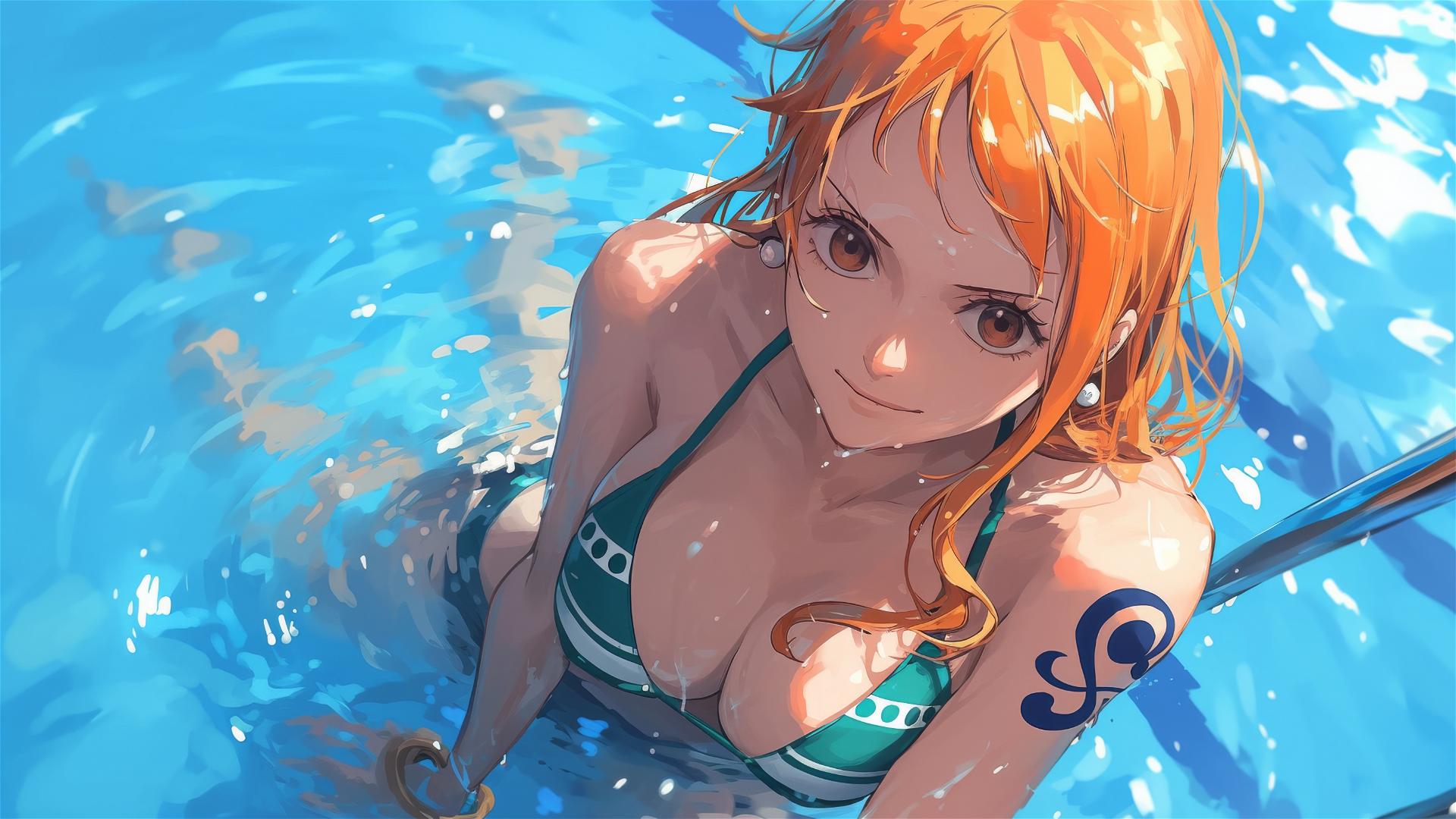 Nami from One Piece, leisurely standing in the swimming pool, the moonlight casting a soft glow on her figure