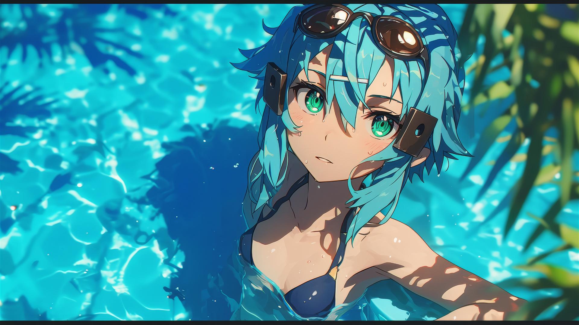 Sinon from SAO standing by a pool under moonlight, green eyes shining