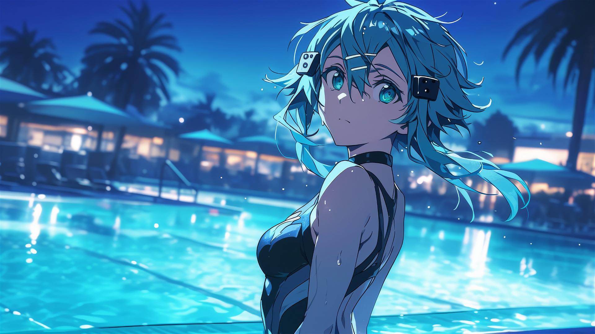 Sinon from Sword Art Online by moonlit pool with soft glow