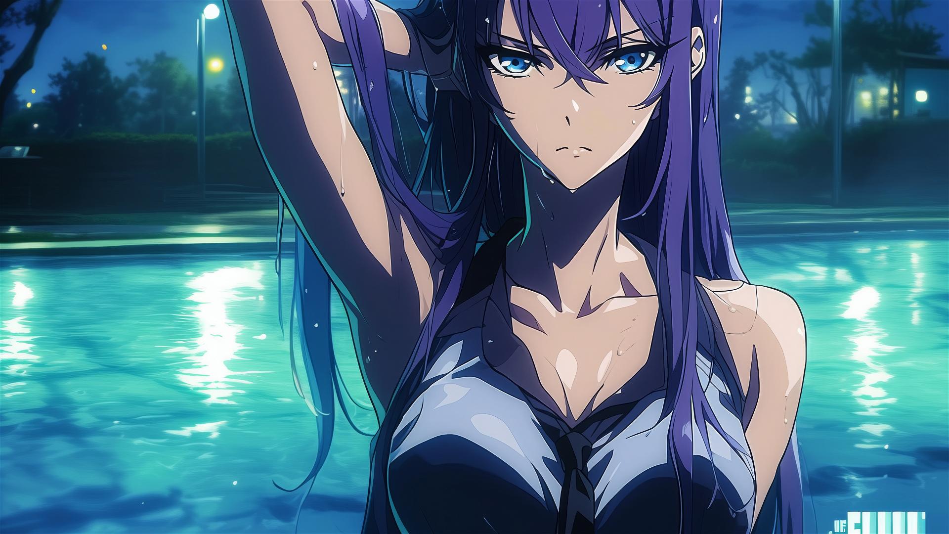 Saeko Busujima resting in swimming pool under moonlight with shiny purple hair and blue eyes.