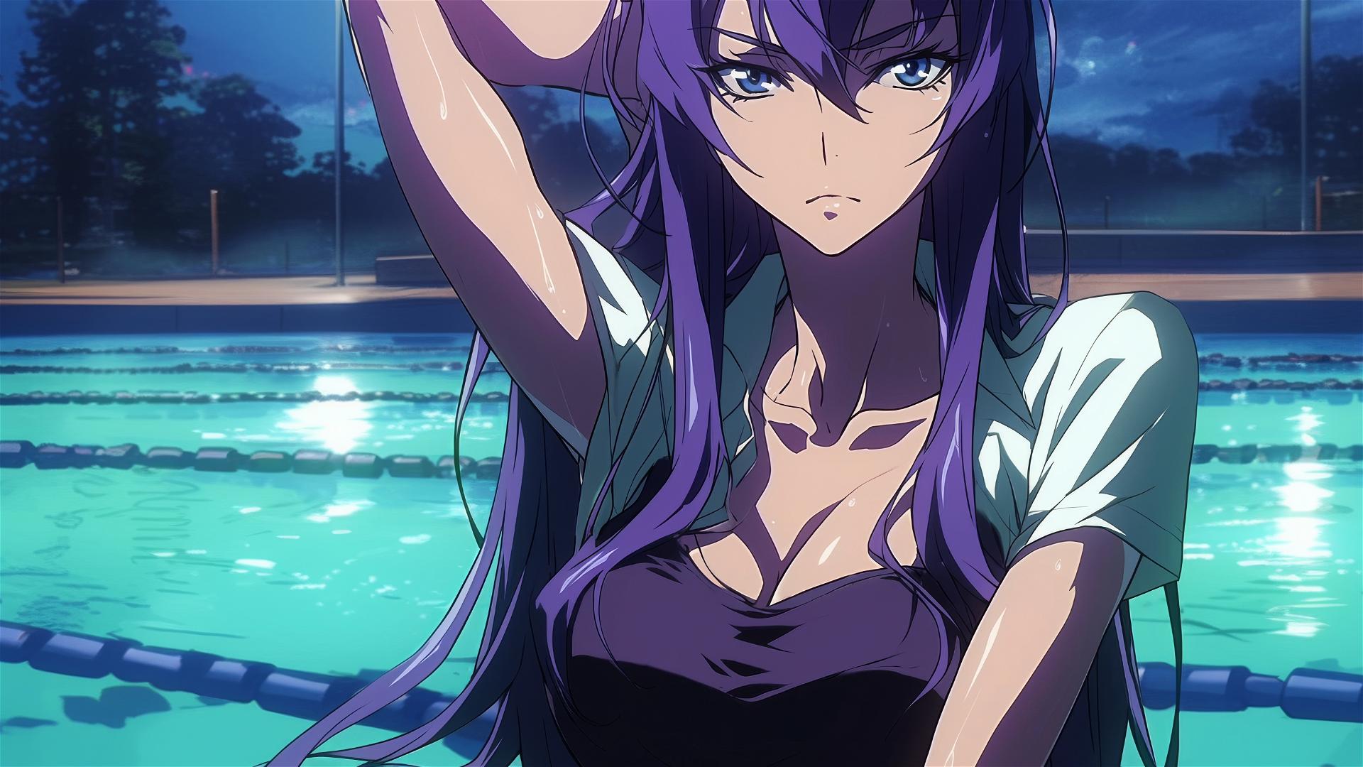 Saeko Busujima resting in pool under moonlight, long purple hair, blue eyes