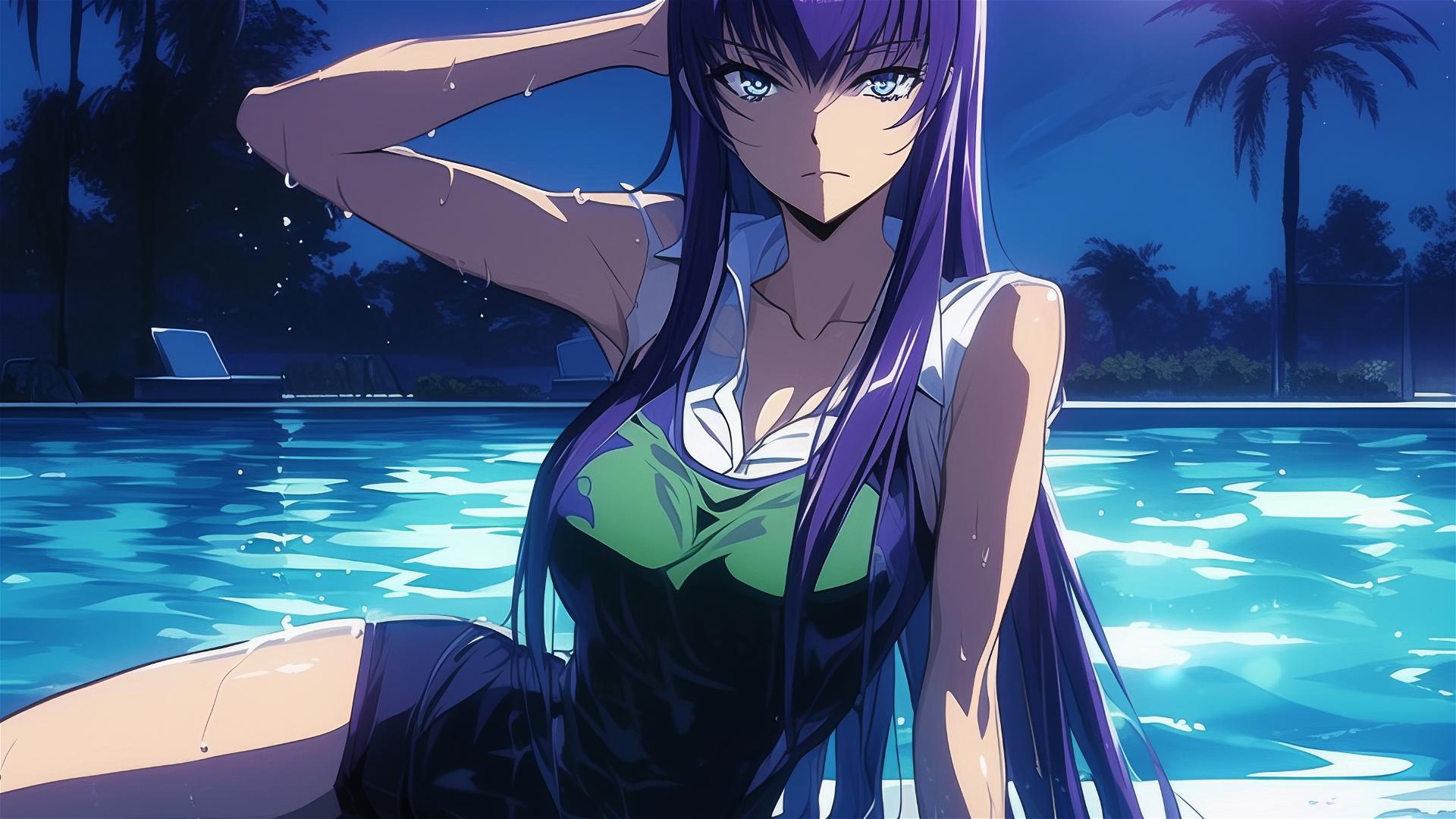 Saeko Busujima from Highschool of the Dead resting in a pool under moonlight