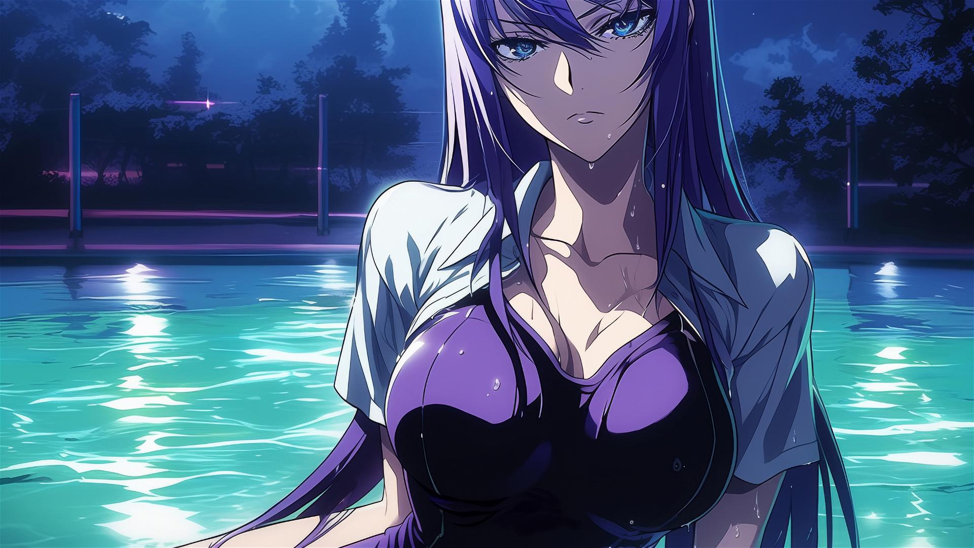 Saeko Busujima from Highschool of the Dead swimming in moonlit pool