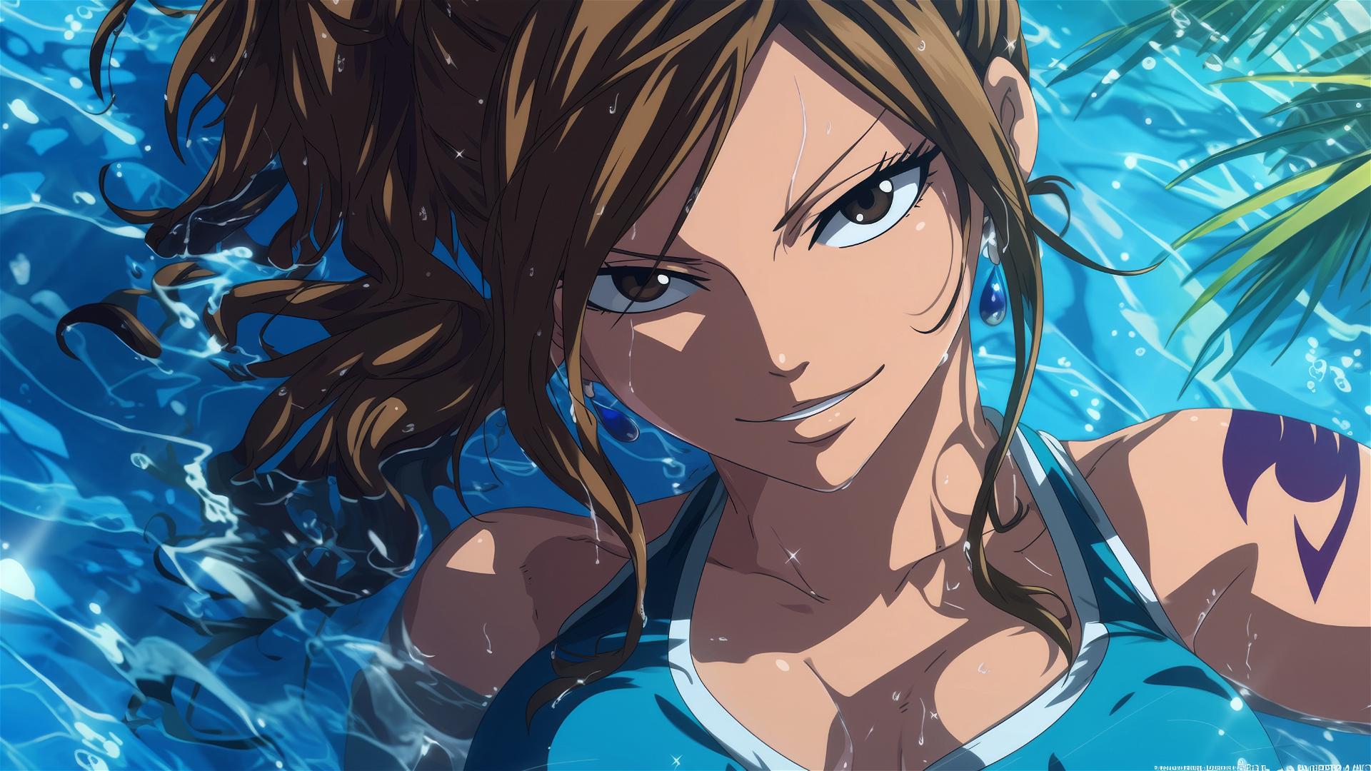 Cana Alberona from Fairy Tail swimming in pool under moonlight