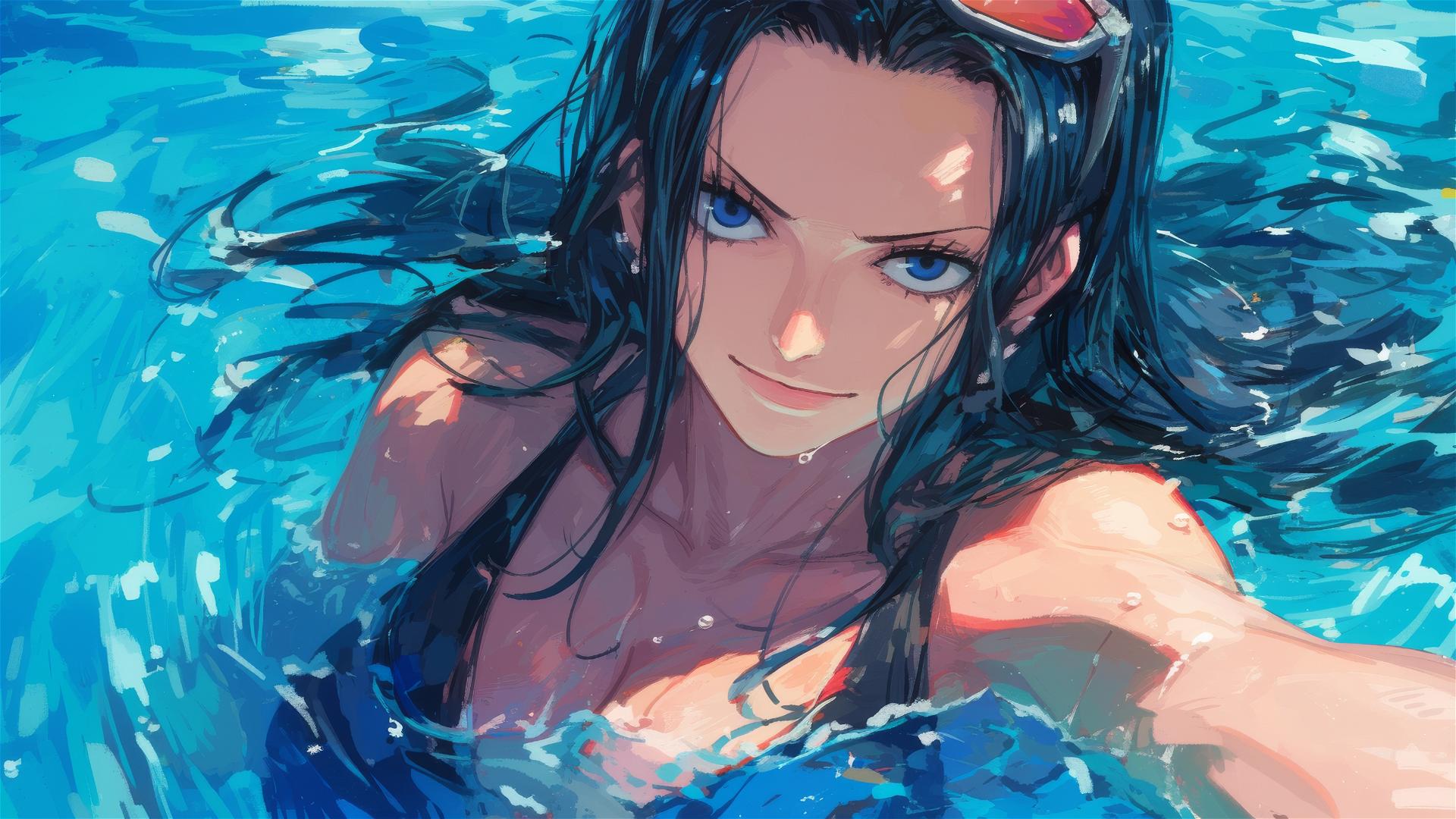 Nico Robin swimming in moonlit pool from One Piece