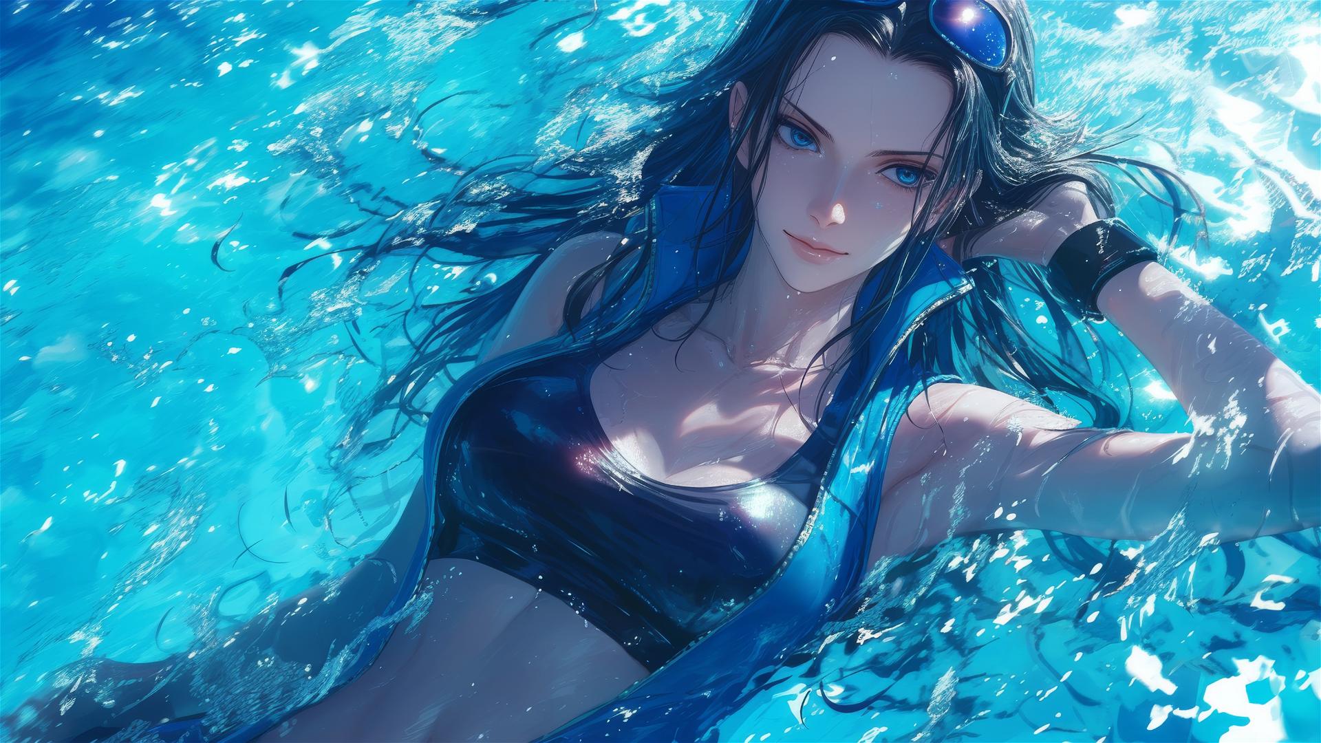 Nico Robin from One Piece swimming in a pool under moonlight